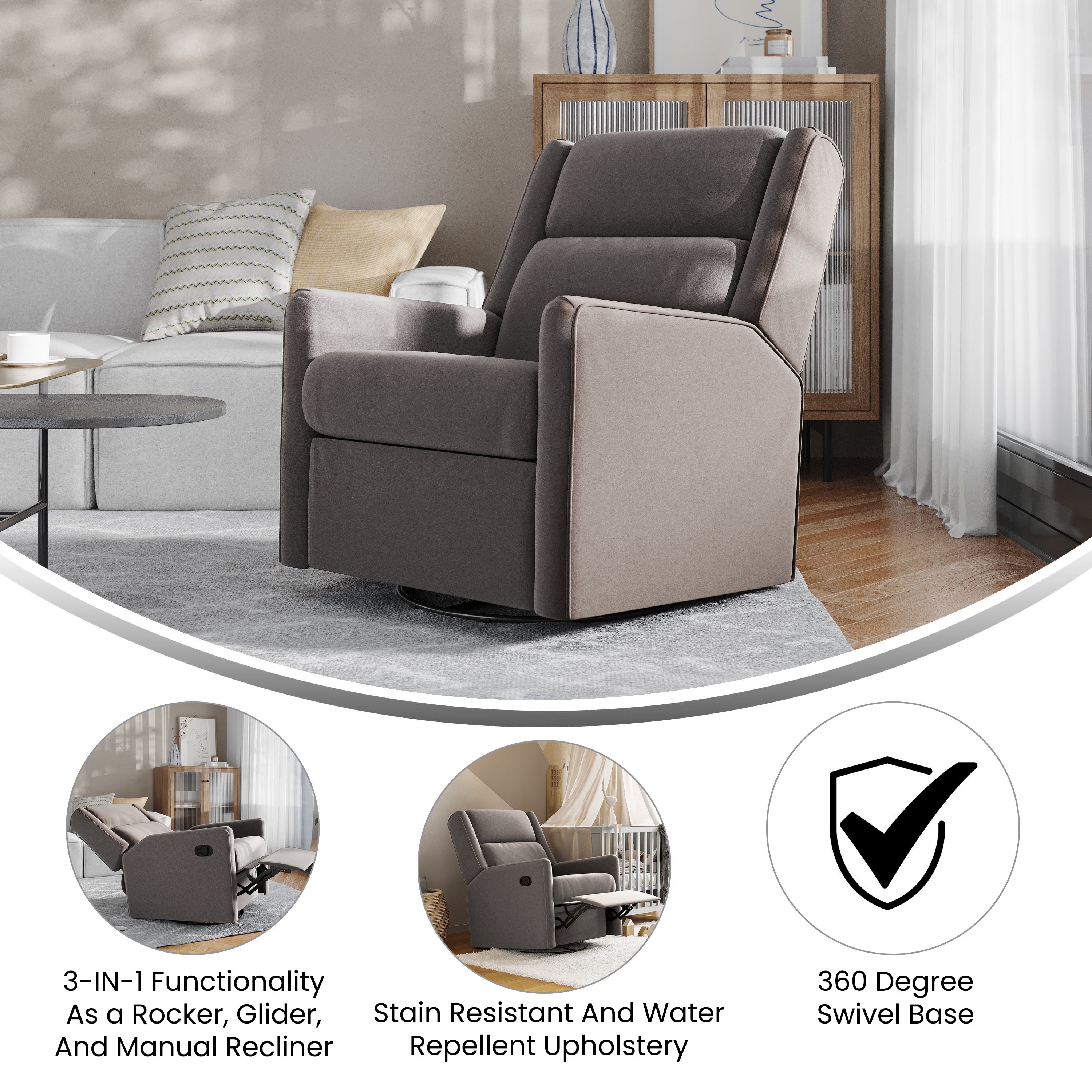 Cash Swivel Glider Rocker Recliner Chair, Manual 360 Degree Swivel Recliner Perfect for Living Room, Bedroom, or Nursery-Manual Recliners-Flash Furniture-Wall2Wall Furnishings