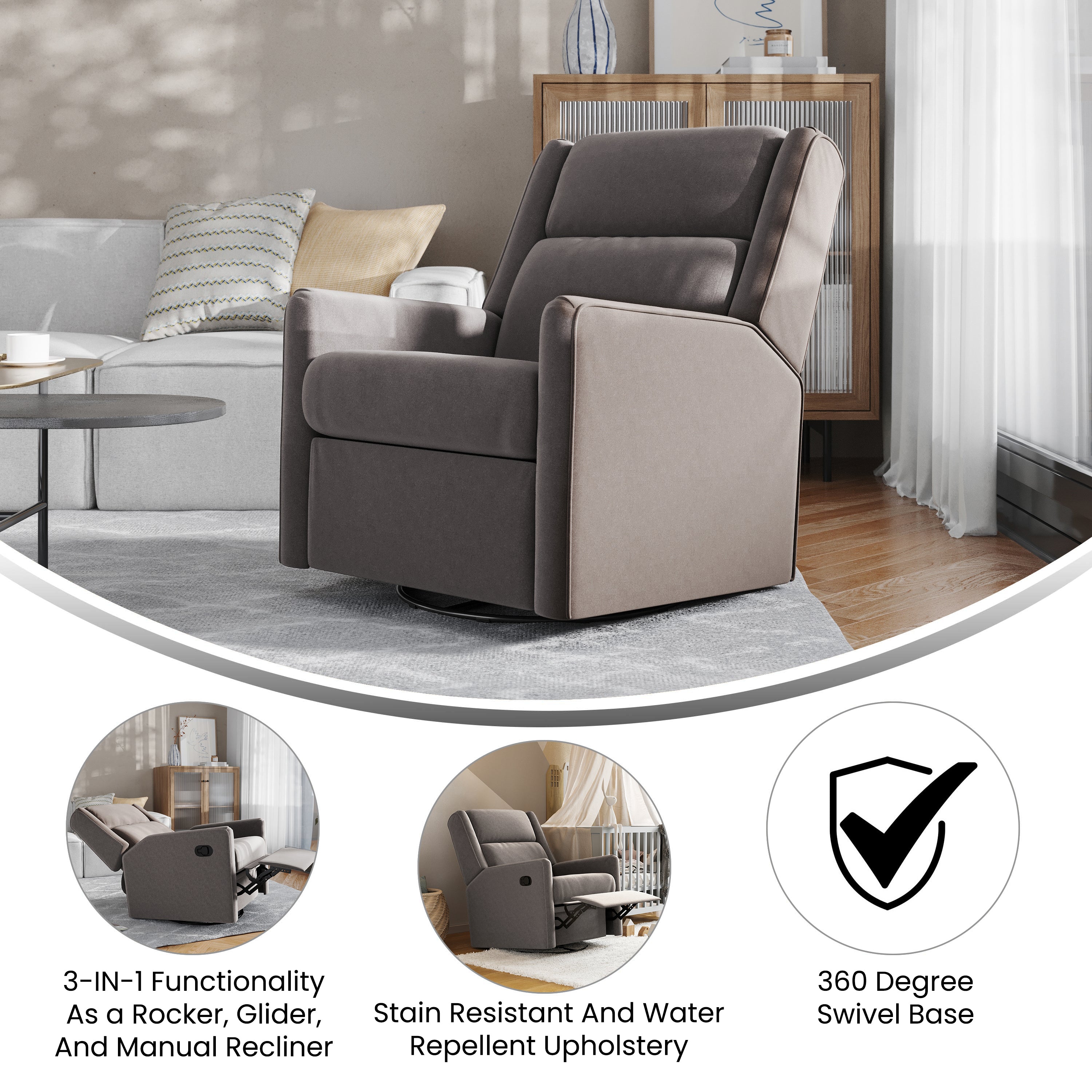 Cash Swivel Glider Rocker Recliner Chair, Manual 360 Degree Swivel Recliner Perfect for Living Room, Bedroom, or Nursery