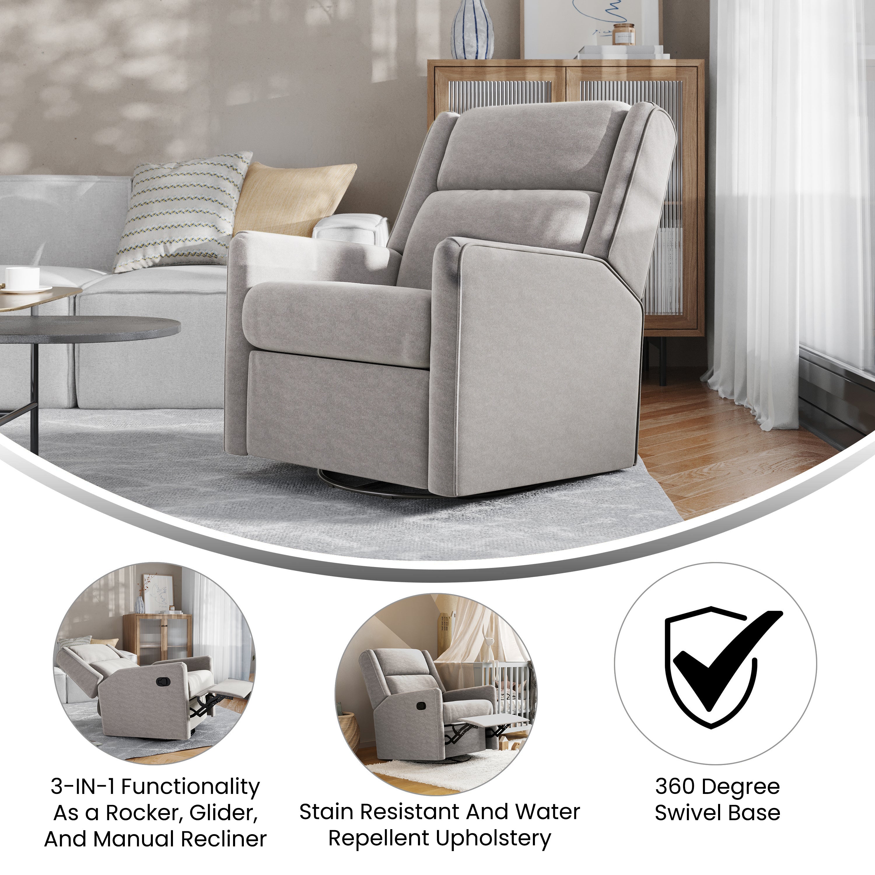 Cash Swivel Glider Rocker Recliner Chair, Manual 360 Degree Swivel Recliner Perfect for Living Room, Bedroom, or Nursery