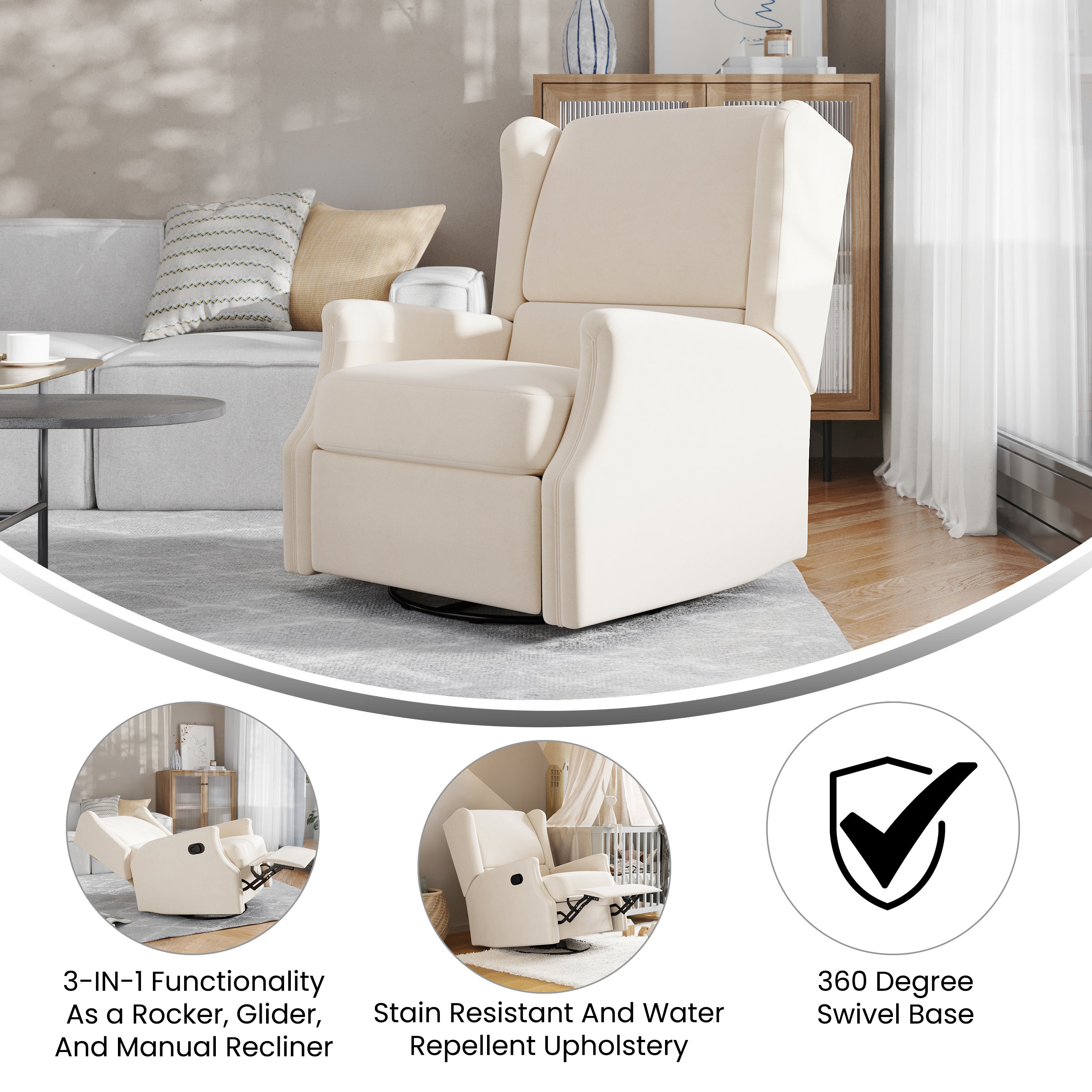 Omma Swivel Glider Rocker Recliner Chair, Manual 360 Degree Swivel Wingback Recliner Perfect for Living Room, Bedroom, or Nursery