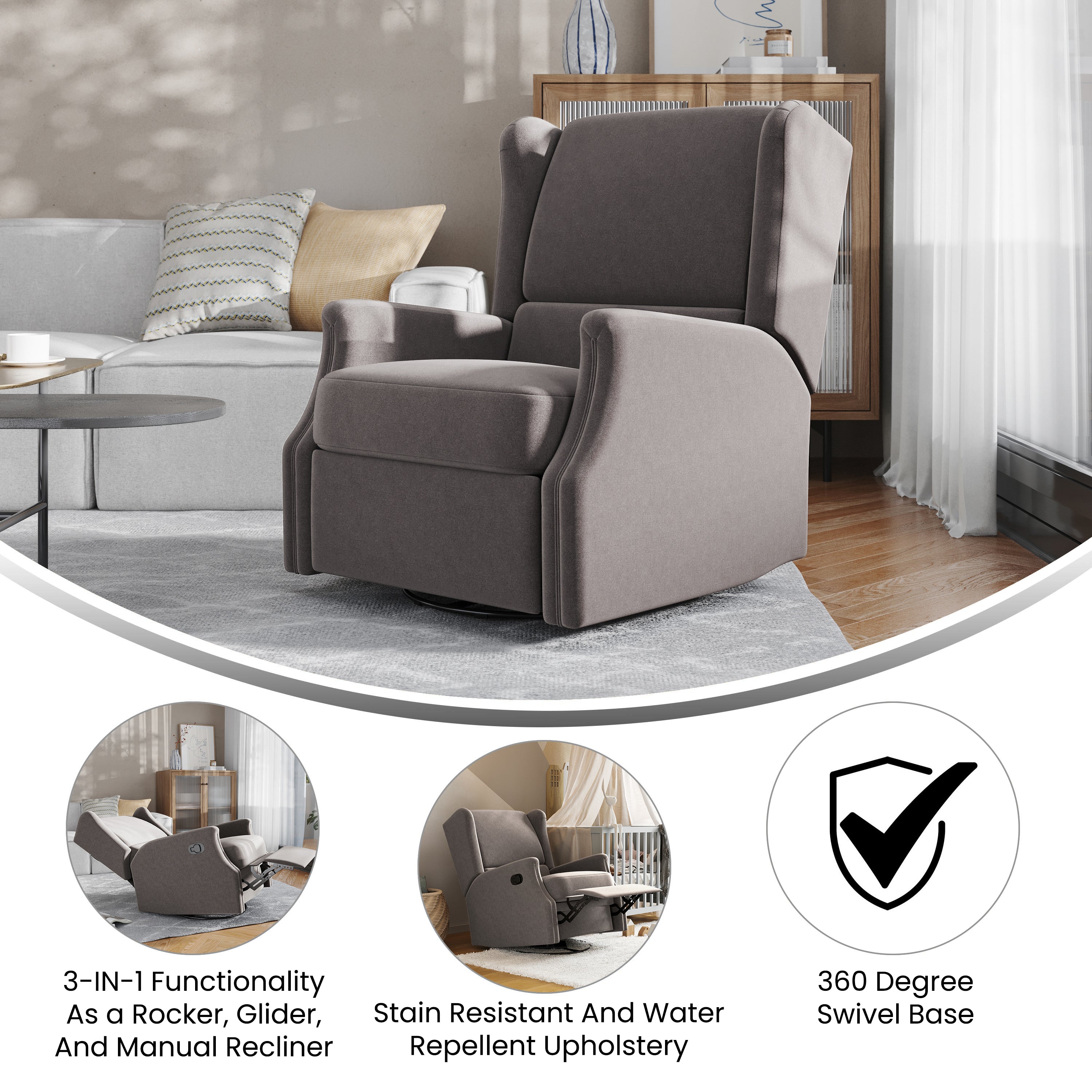 Omma Swivel Glider Rocker Recliner Chair, Manual 360 Degree Swivel Wingback Recliner Perfect for Living Room, Bedroom, or Nursery-Manual Recliners-Flash Furniture-Wall2Wall Furnishings