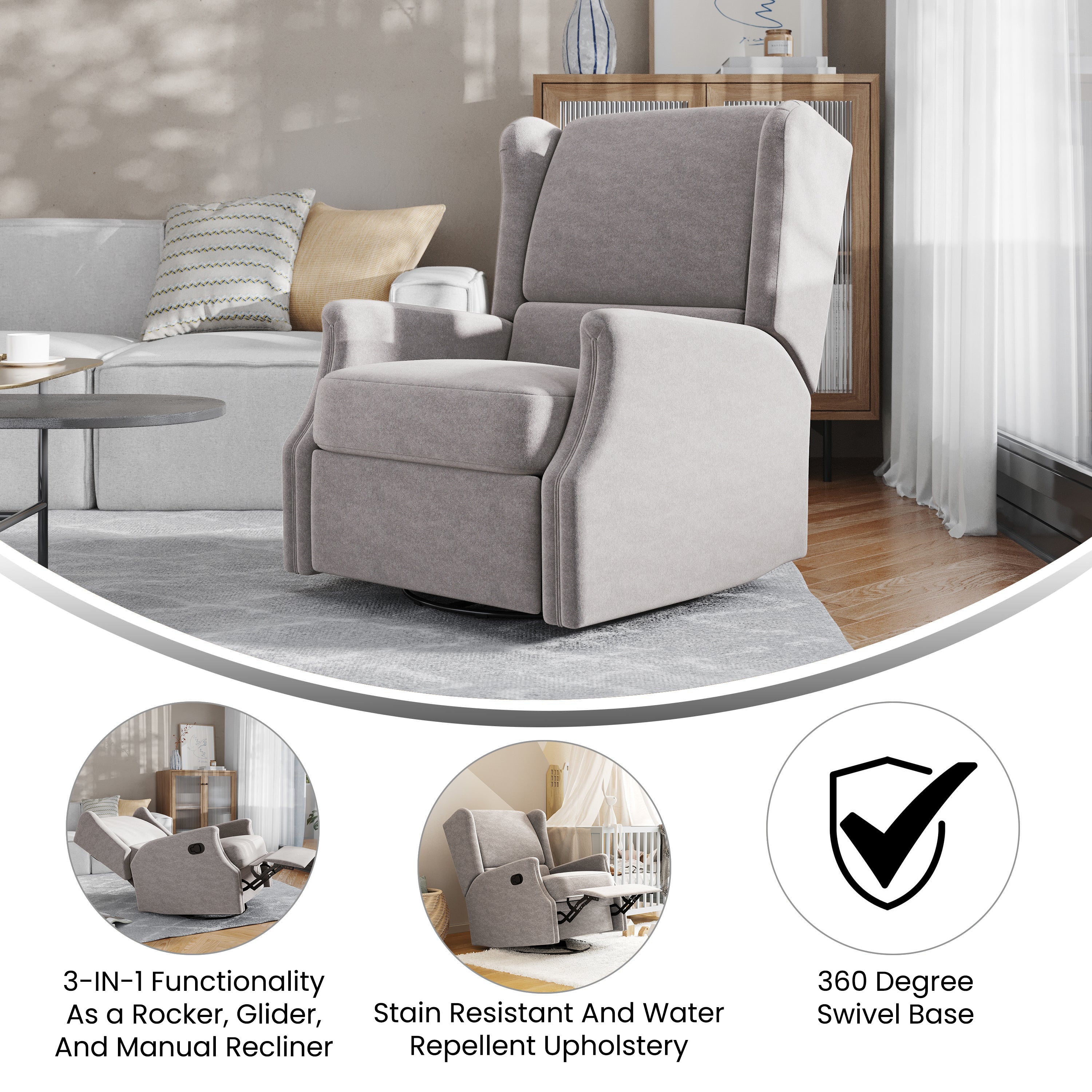 Omma Swivel Glider Rocker Recliner Chair, Manual 360 Degree Swivel Wingback Recliner Perfect for Living Room, Bedroom, or Nursery