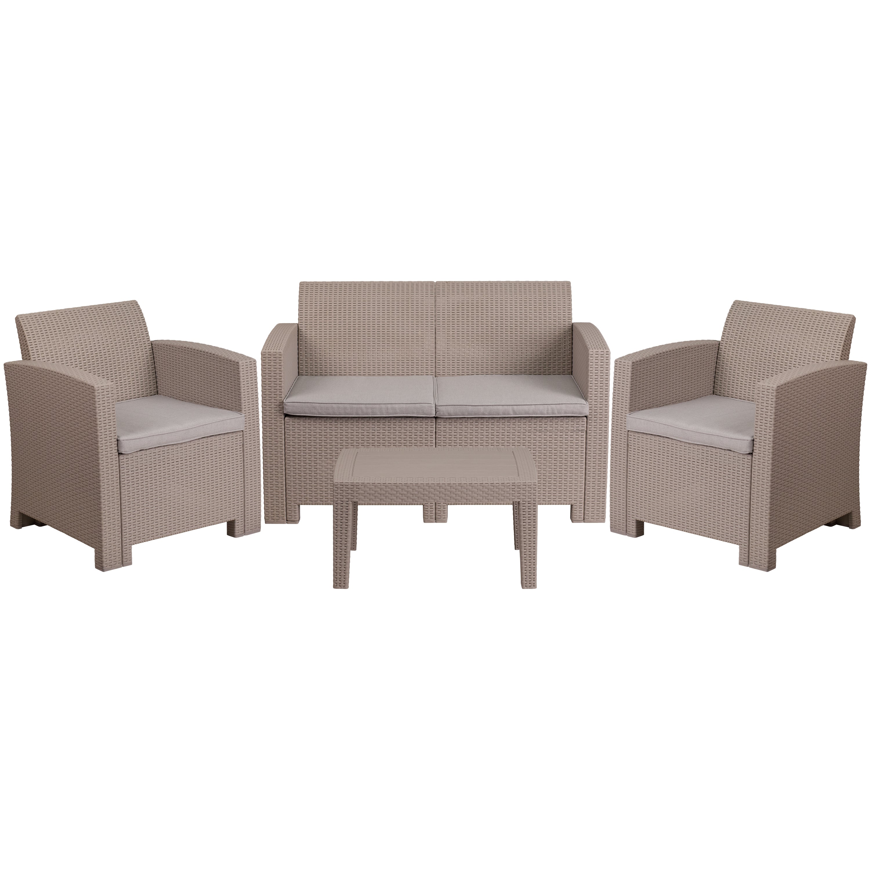 Seneca 4 Piece Outdoor Faux Rattan Chair, Loveseat and Table Set-Outdoor Set-Flash Furniture-Wall2Wall Furnishings