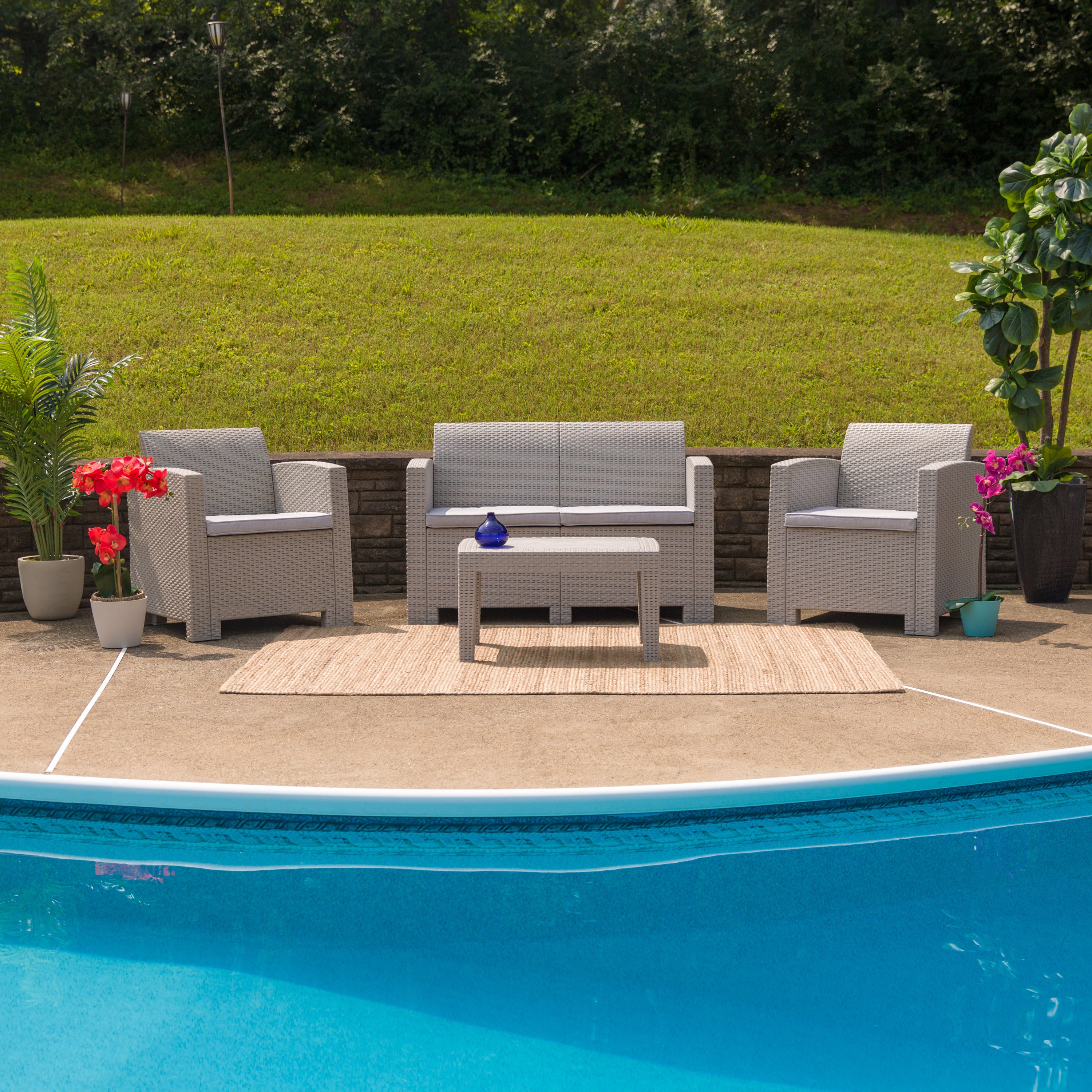 Seneca 4 Piece Outdoor Faux Rattan Chair, Loveseat and Table Set-Outdoor Set-Flash Furniture-Wall2Wall Furnishings