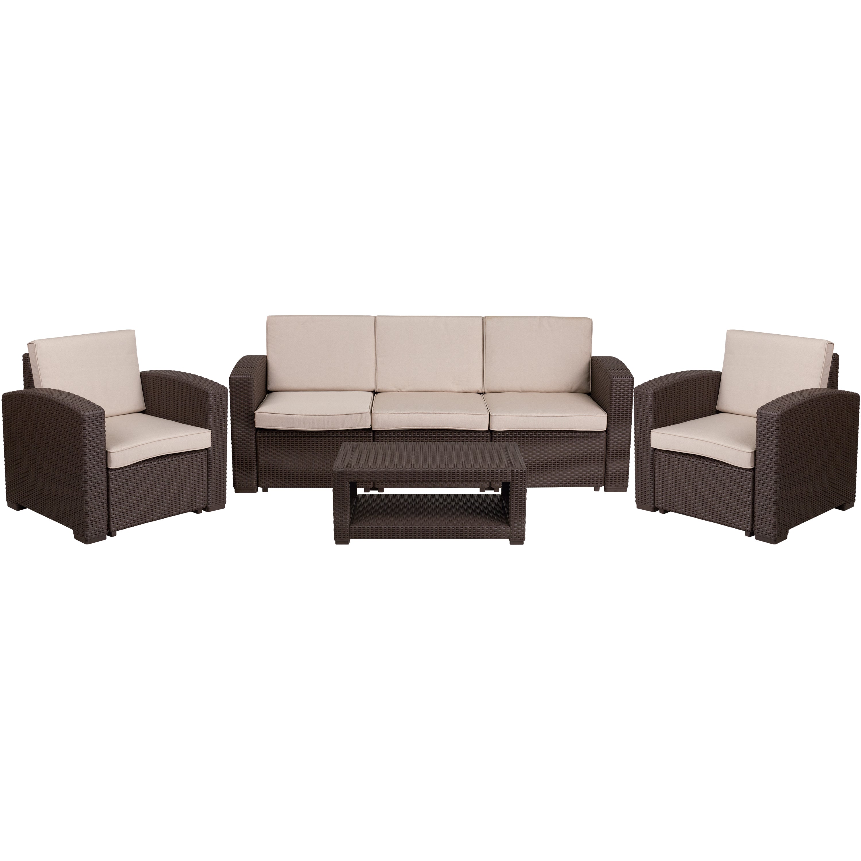 Seneca 4 Piece Outdoor Faux Rattan Chair, Sofa and Table Set-Rattan Patio Lounge Set-Flash Furniture-Wall2Wall Furnishings