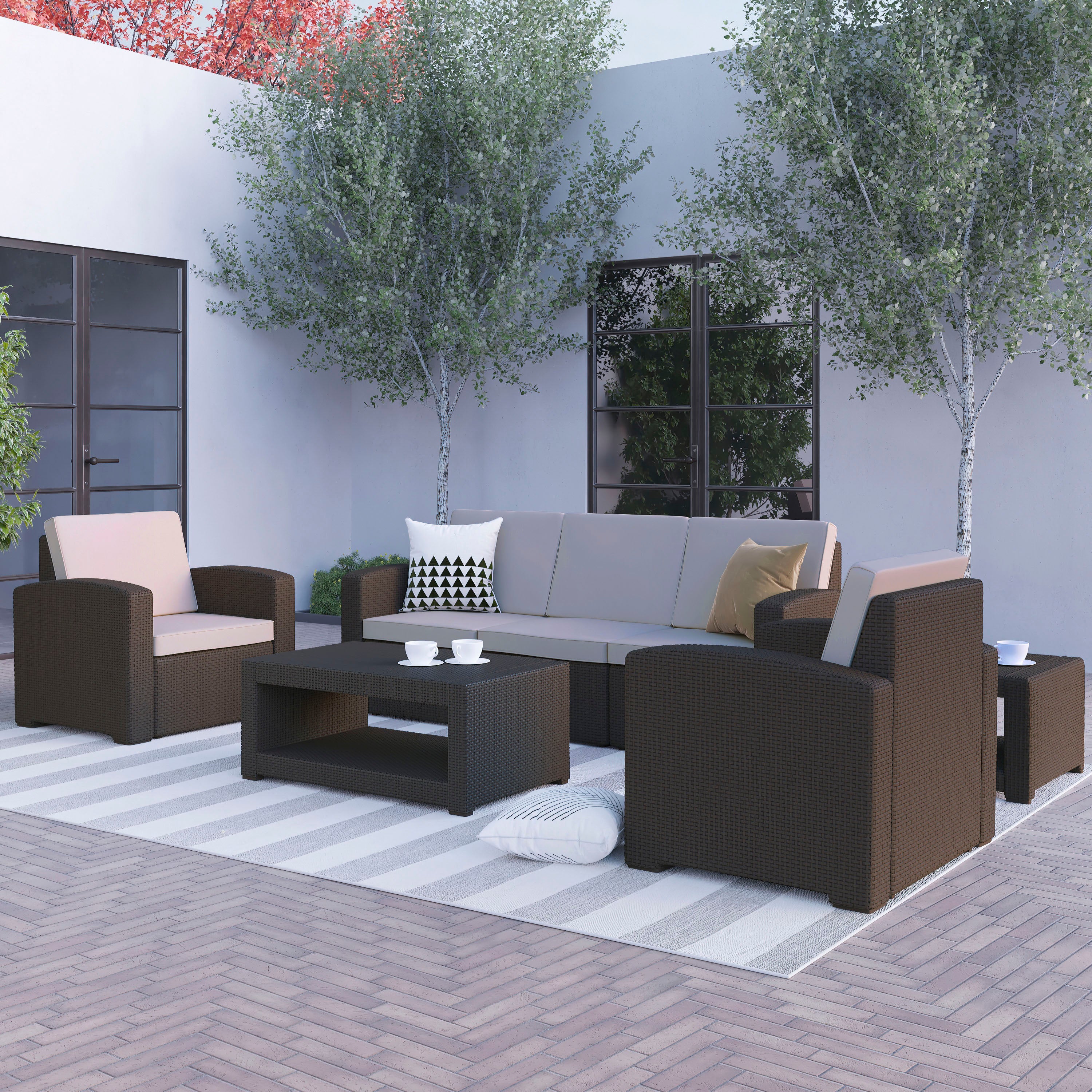 Seneca 5 Piece Outdoor Faux Rattan Chair, Sofa and Table Set-Rattan Patio Lounge Set-Flash Furniture-Wall2Wall Furnishings