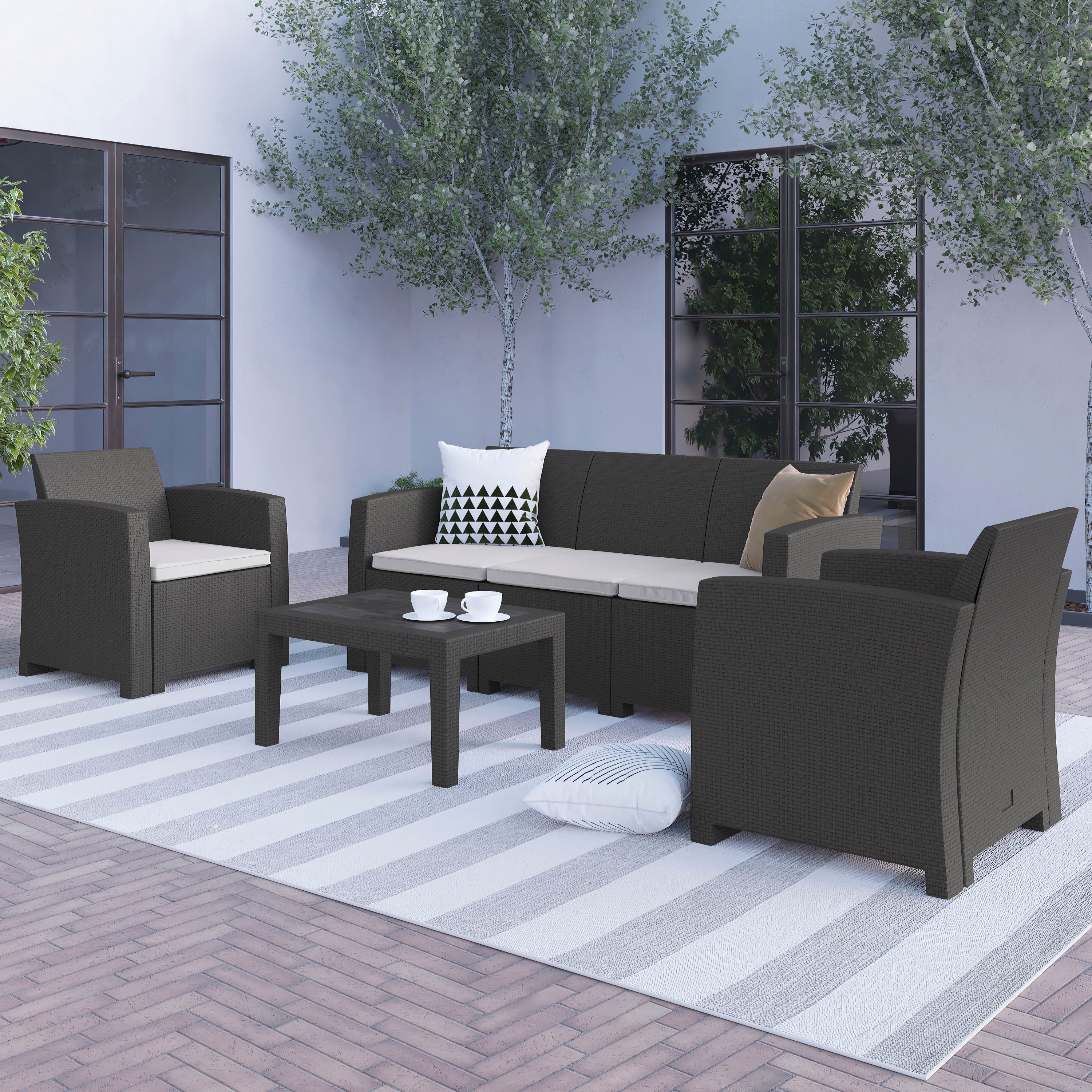 Seneca 4 Piece Outdoor Faux Rattan Chair, Sofa and Table Set-Outdoor Set-Flash Furniture-Wall2Wall Furnishings