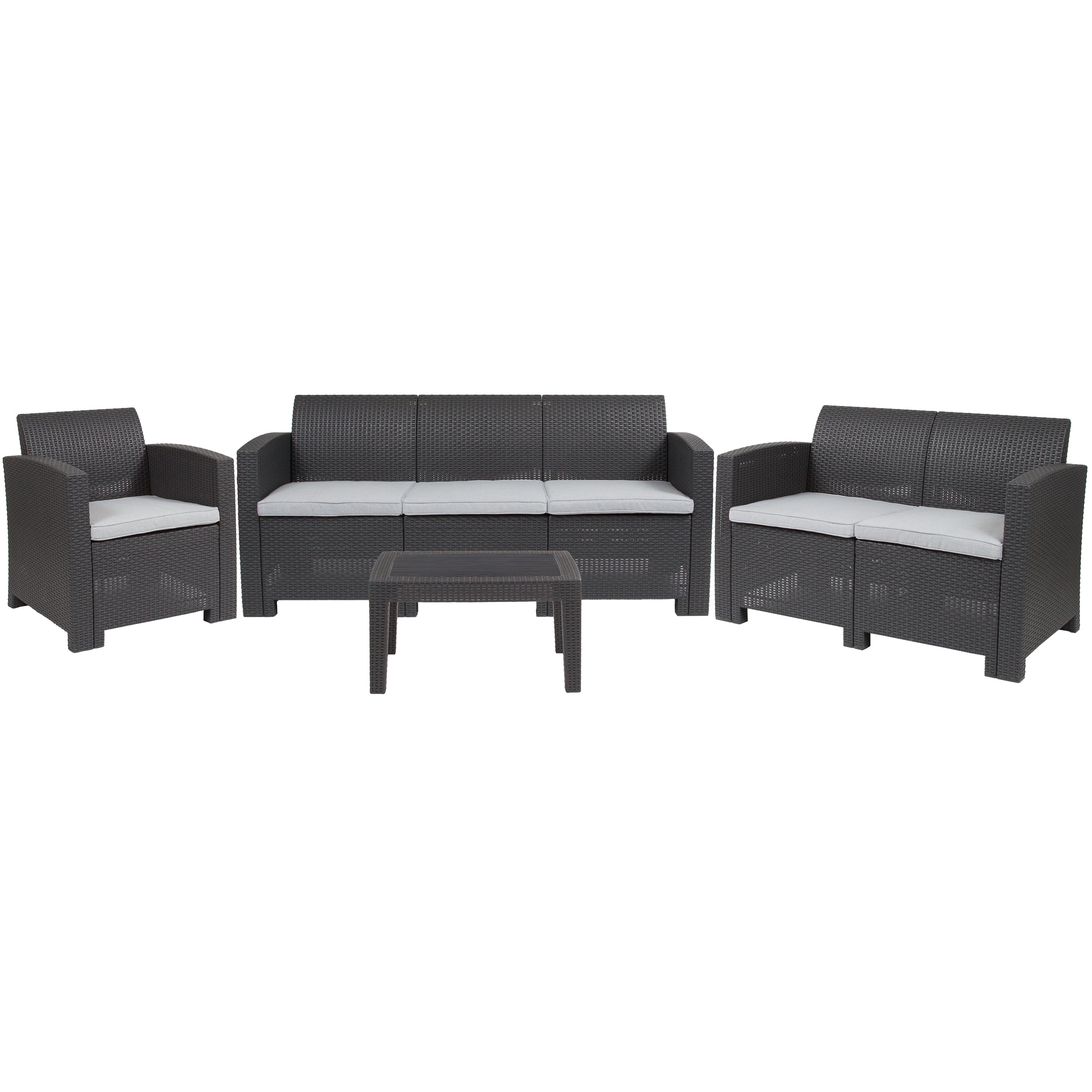 Seneca 4 Piece Outdoor Faux Rattan Chair, Loveseat, Sofa and Table Set-Outdoor Set-Flash Furniture-Wall2Wall Furnishings