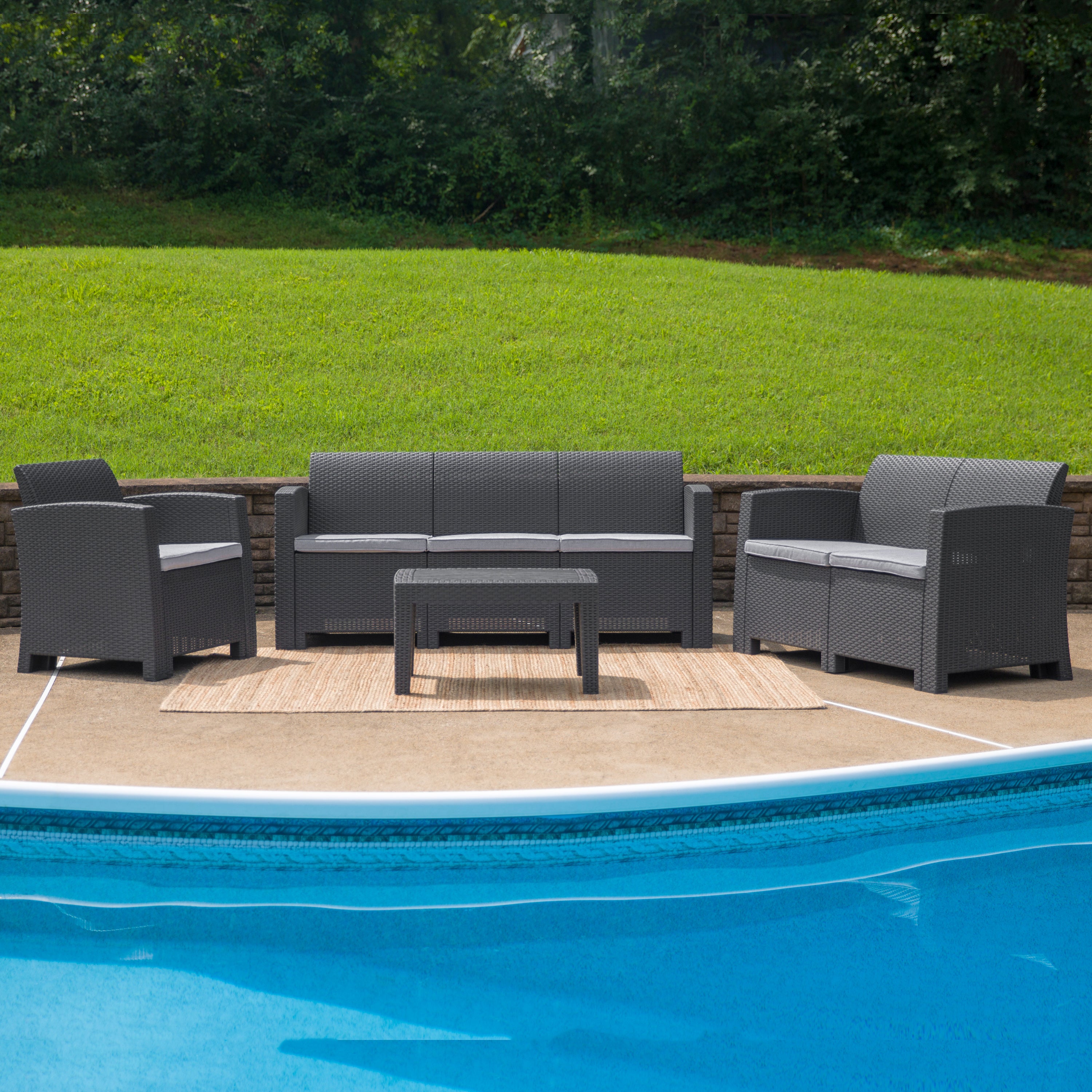 Seneca 4 Piece Outdoor Faux Rattan Chair, Loveseat, Sofa and Table Set-Outdoor Set-Flash Furniture-Wall2Wall Furnishings