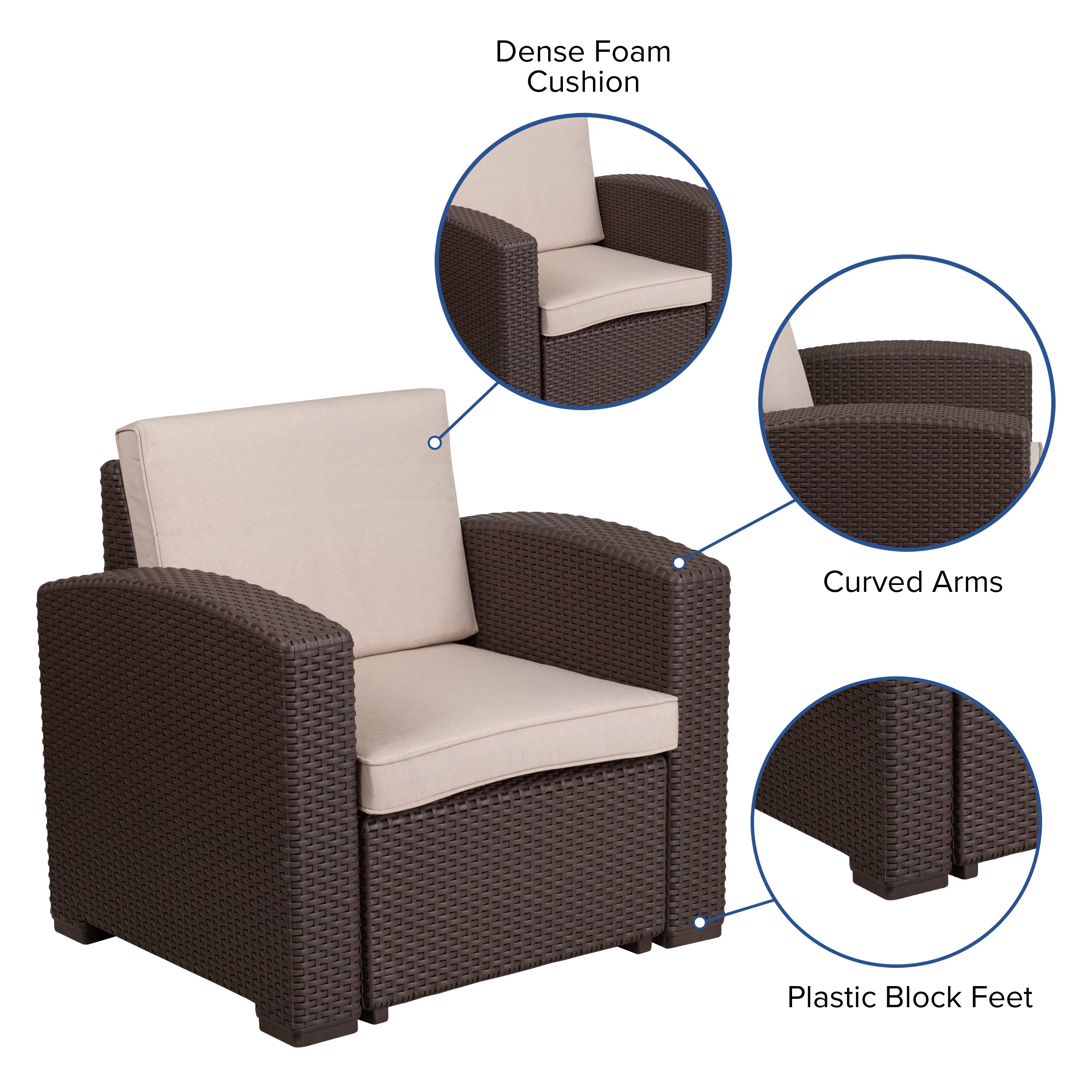 Seneca Faux Rattan Chair with All-Weather Cushion-Outdoor Chair-Flash Furniture-Wall2Wall Furnishings