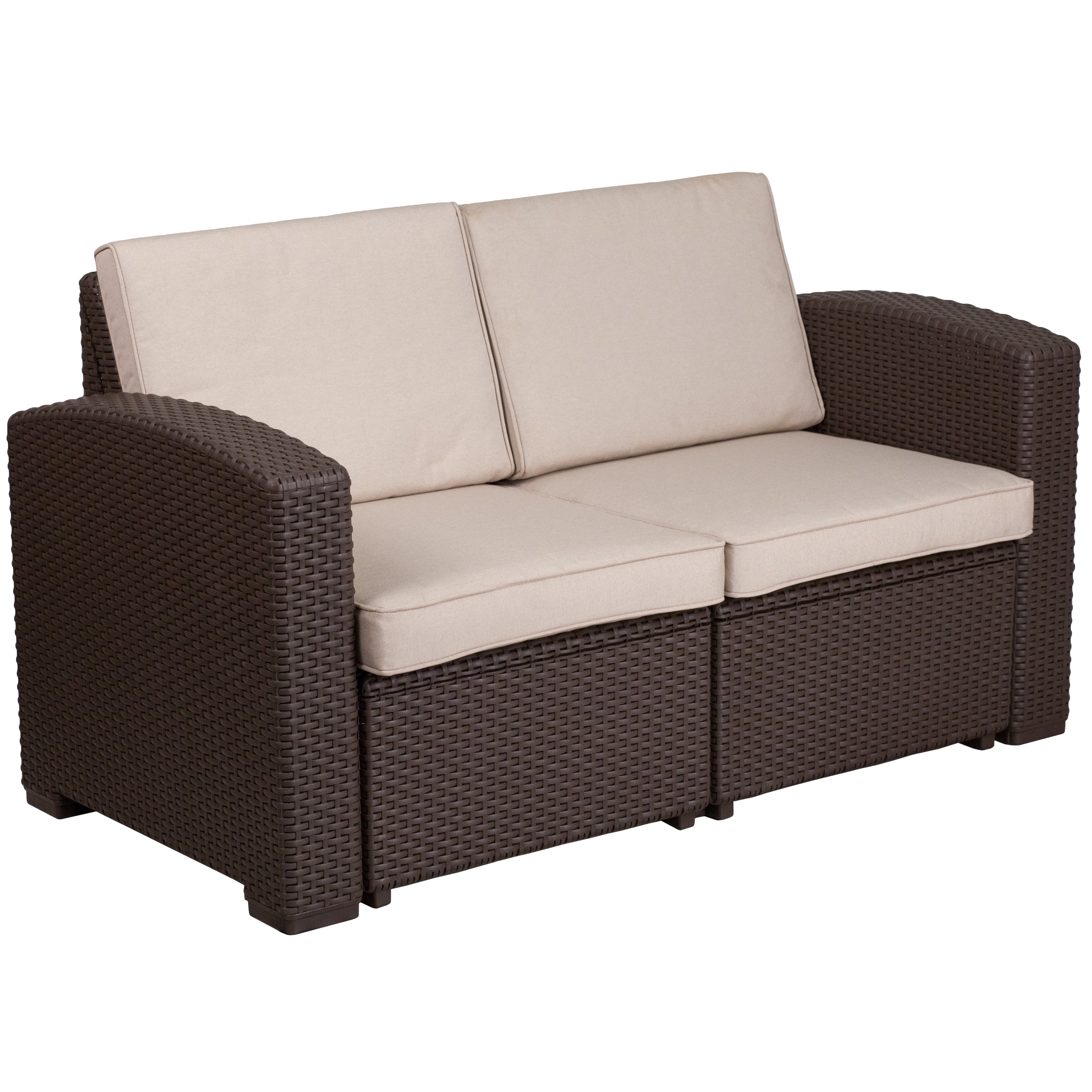 Seneca Faux Rattan Loveseat with All-Weather Cushions-Outdoor Loveseats-Flash Furniture-Wall2Wall Furnishings