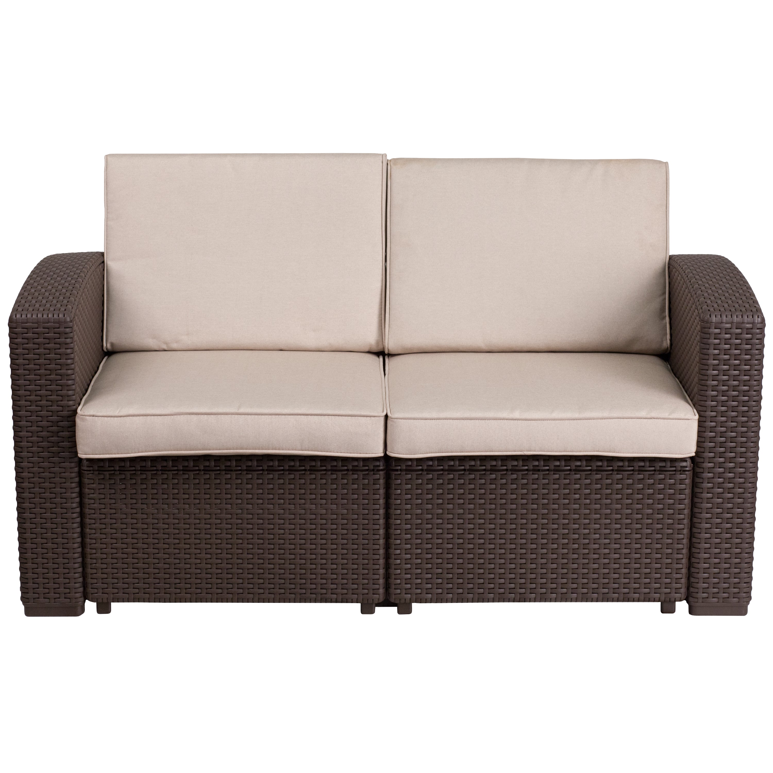 Seneca Faux Rattan Loveseat with All-Weather Cushions-Outdoor Loveseats-Flash Furniture-Wall2Wall Furnishings