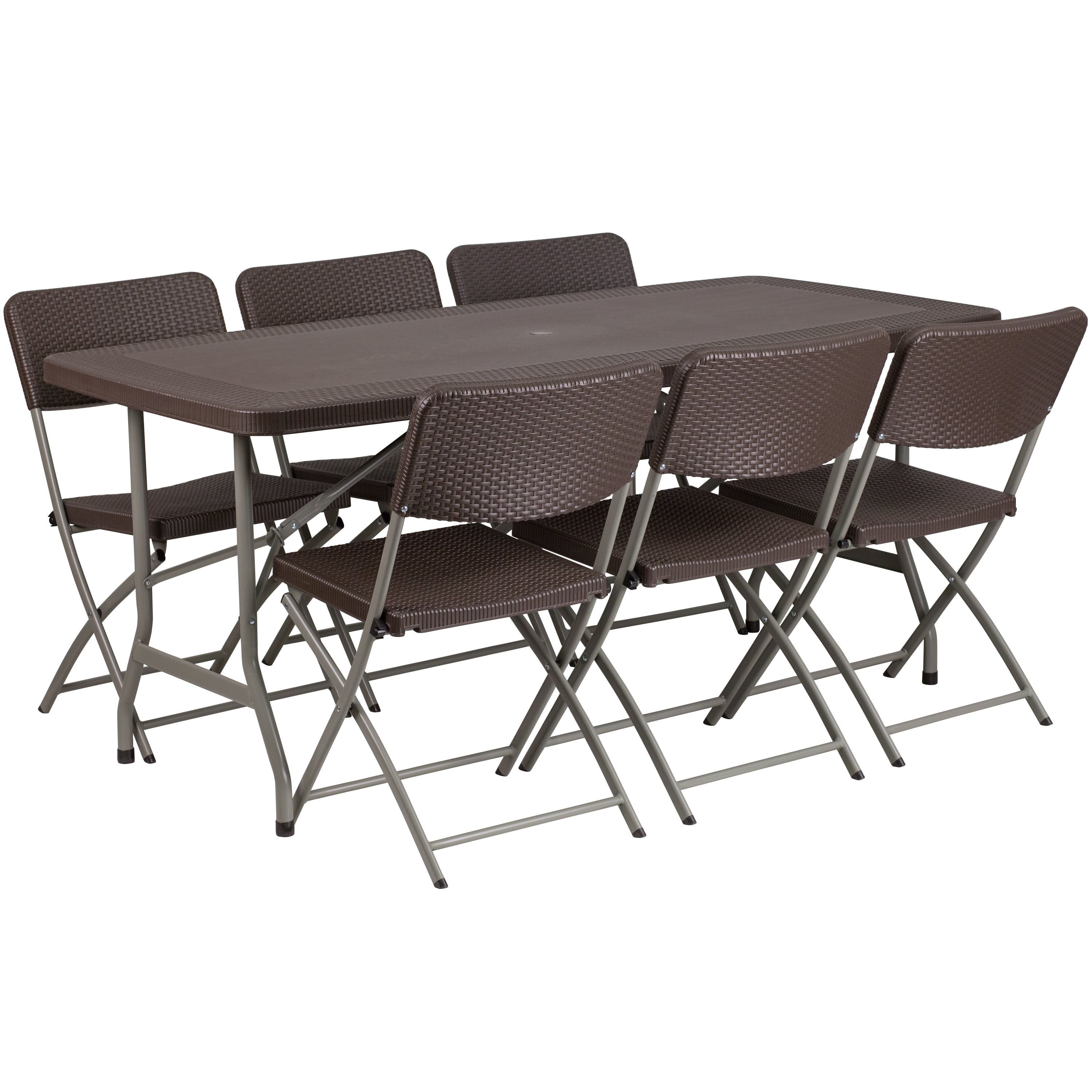 5.62-Foot Rattan Indoor-Outdoor Plastic Folding Table Set with 6 Chairs-Rattan Folding Table and Chair Set-Flash Furniture-Wall2Wall Furnishings