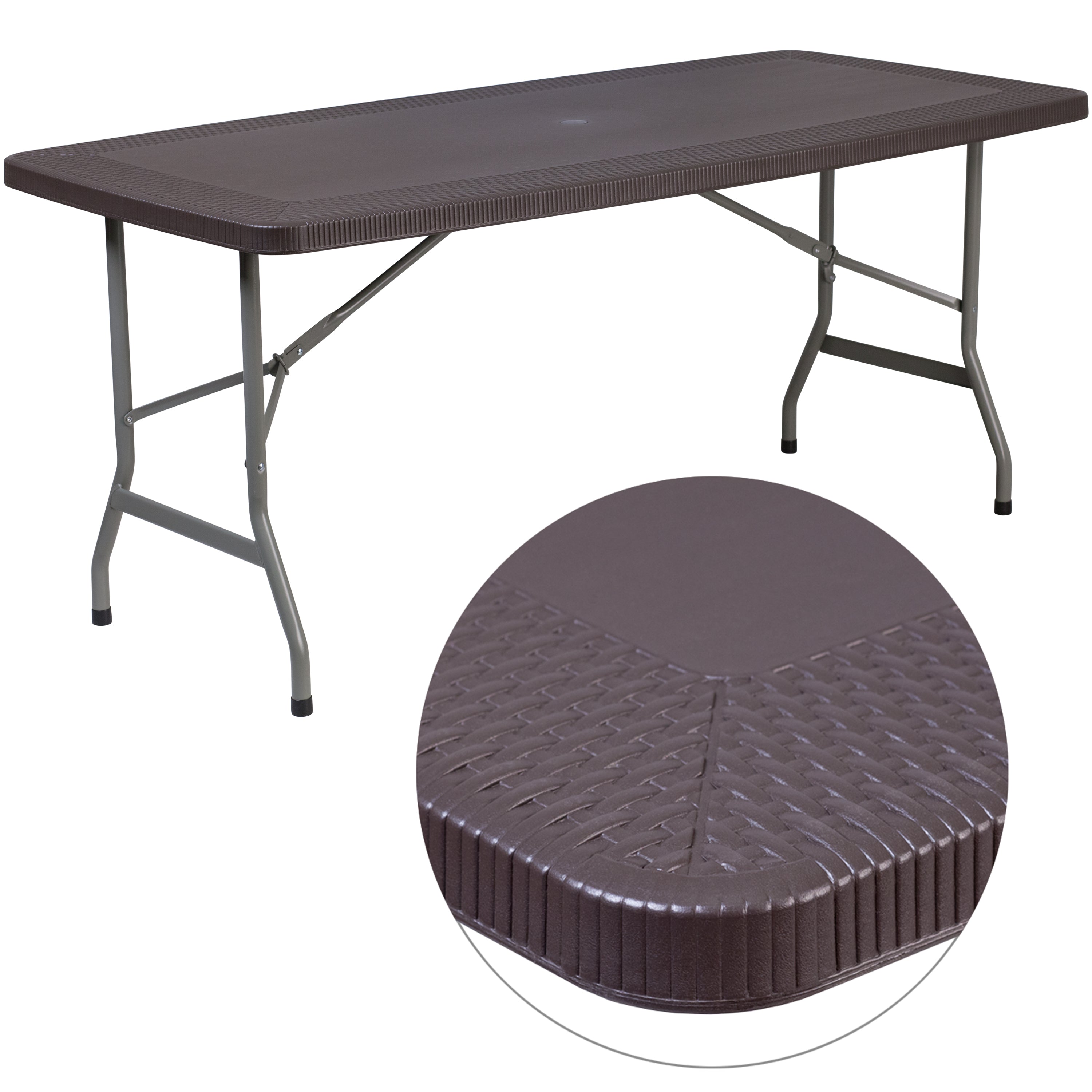 5.62-Foot Rattan Indoor-Outdoor Plastic Folding Table with Umbrella Hole-Rectangular Plastic Folding Table-Flash Furniture-Wall2Wall Furnishings