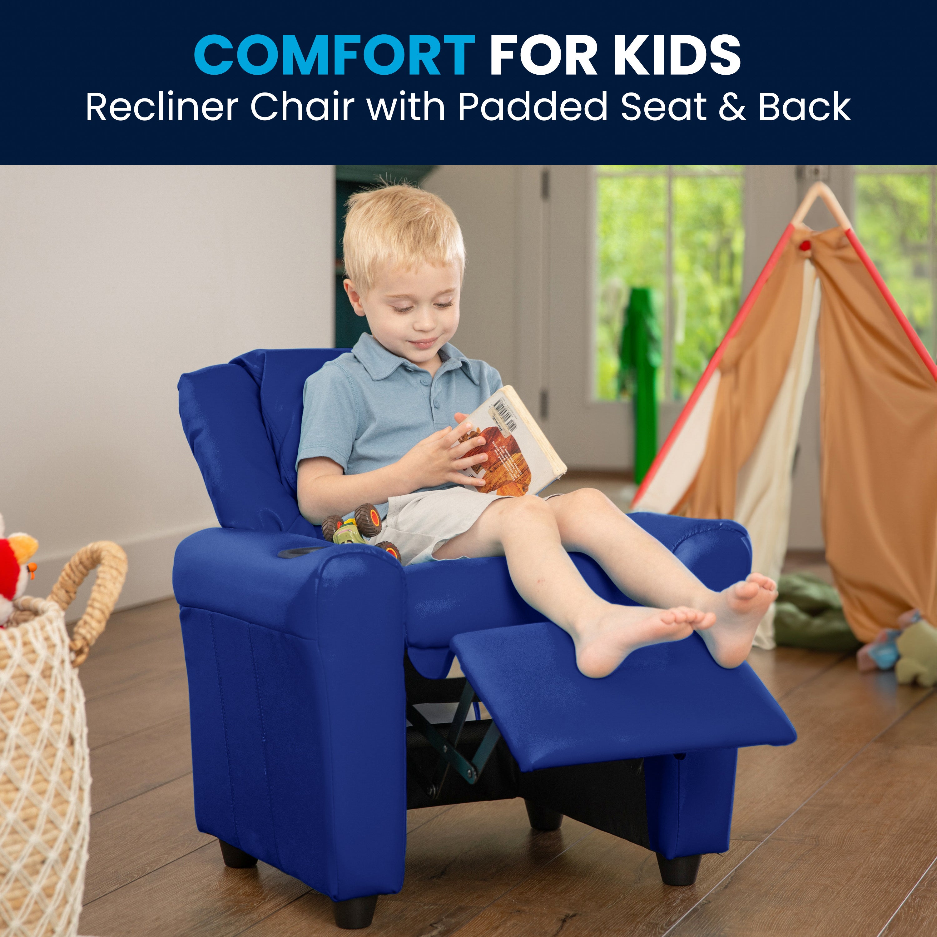 Contemporary Kids Recliner with Cup Holder and Headrest