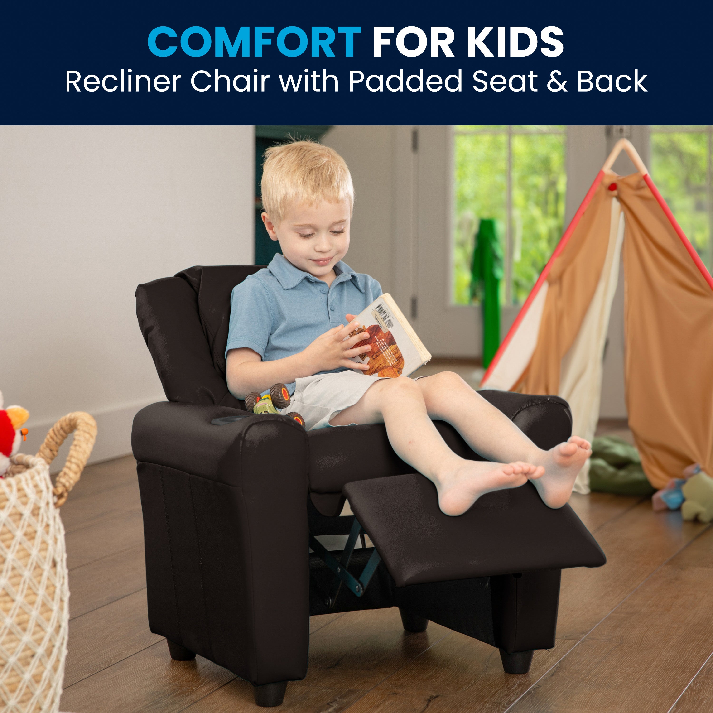 Contemporary Kids Recliner with Cup Holder and Headrest