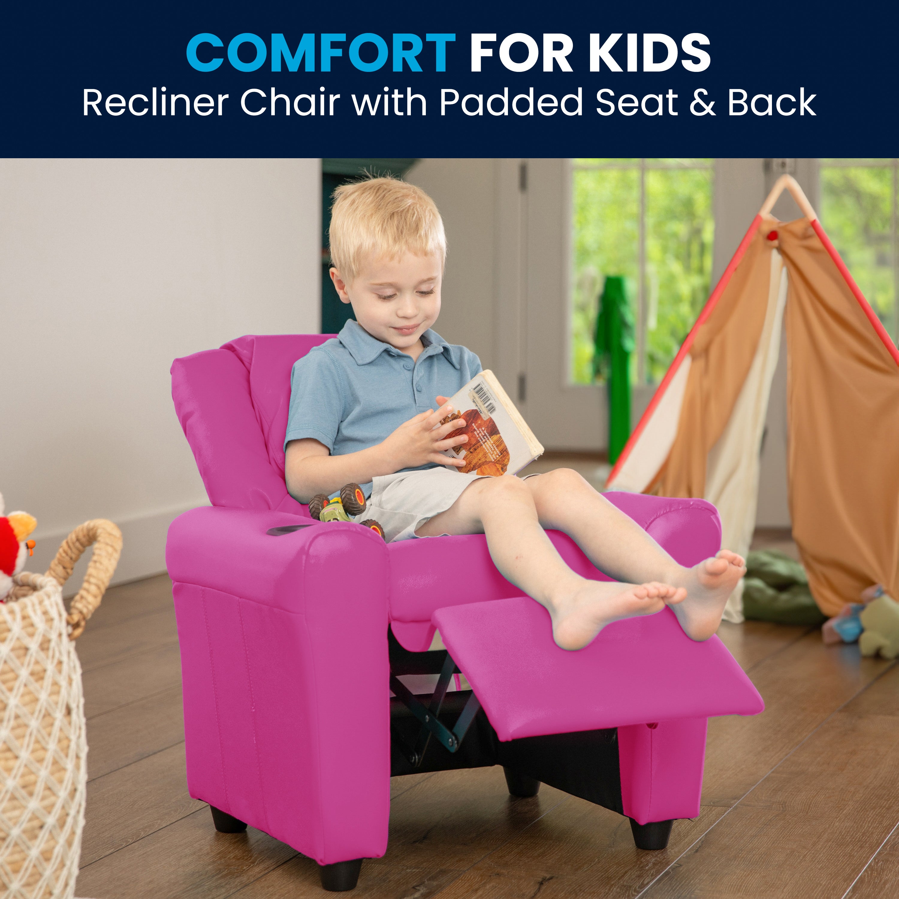 Contemporary Kids Recliner with Cup Holder and Headrest
