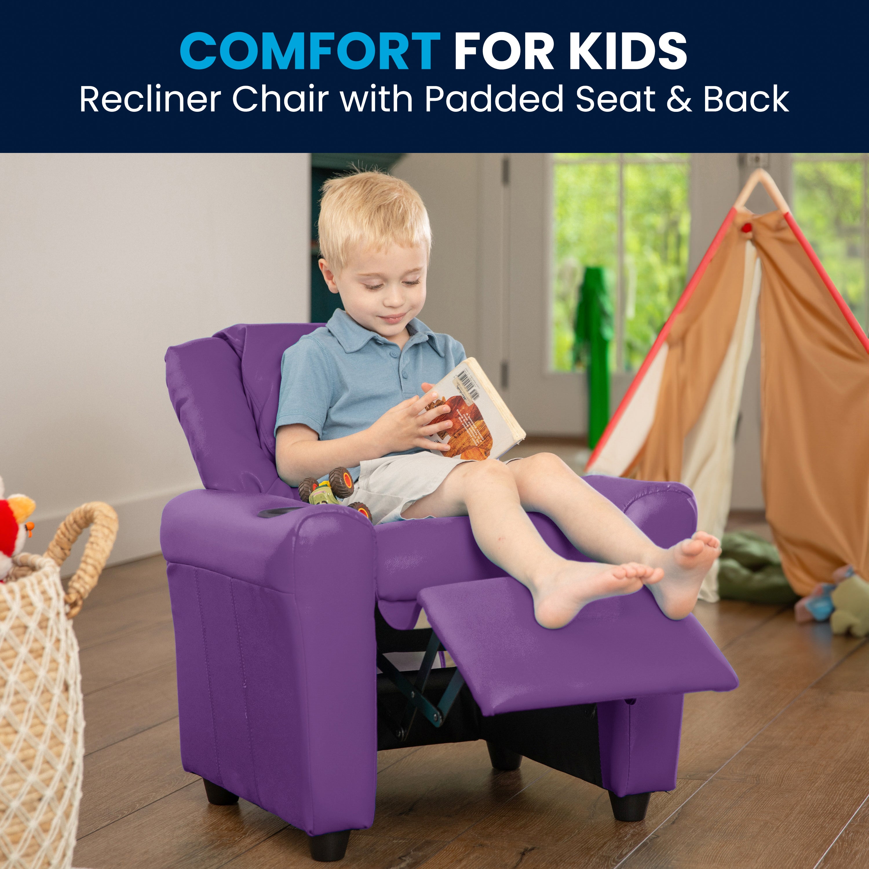 Contemporary Kids Recliner with Cup Holder and Headrest