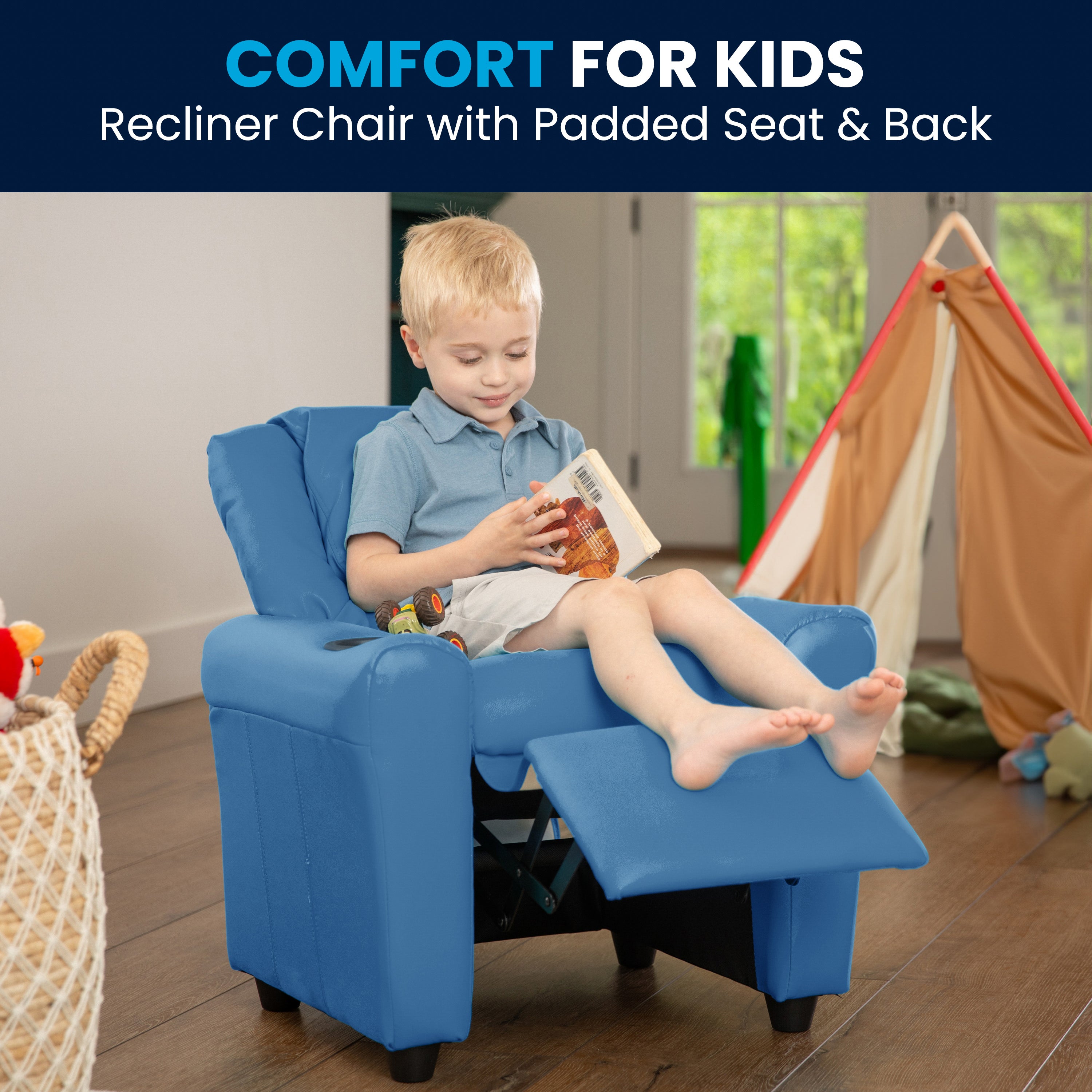 Contemporary Kids Recliner with Cup Holder and Headrest
