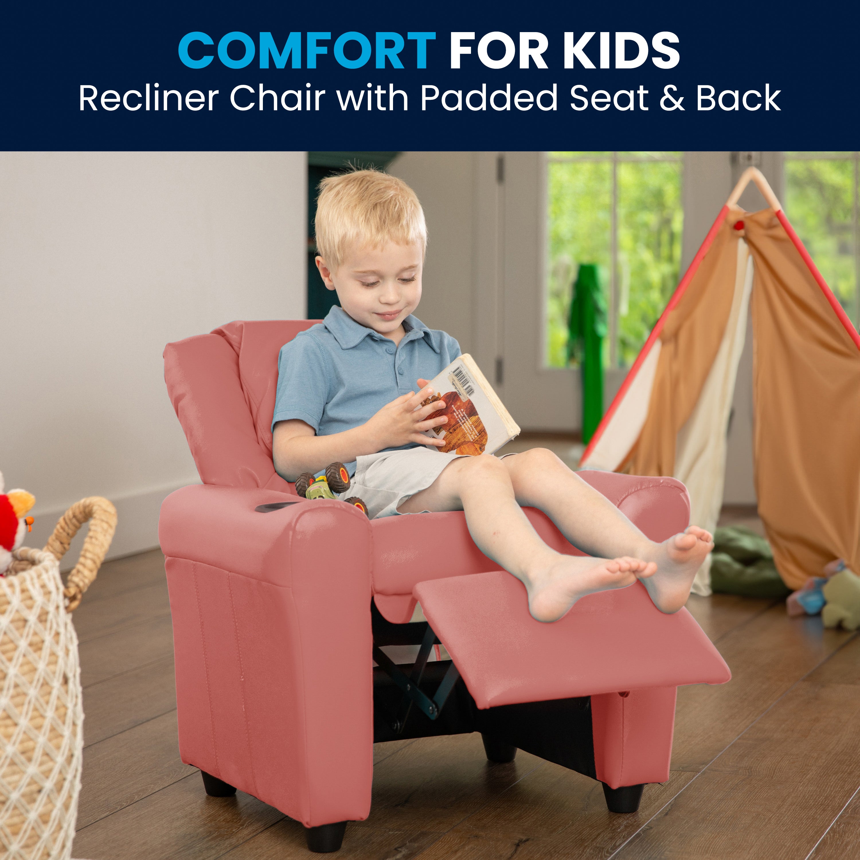Contemporary Kids Recliner with Cup Holder and Headrest