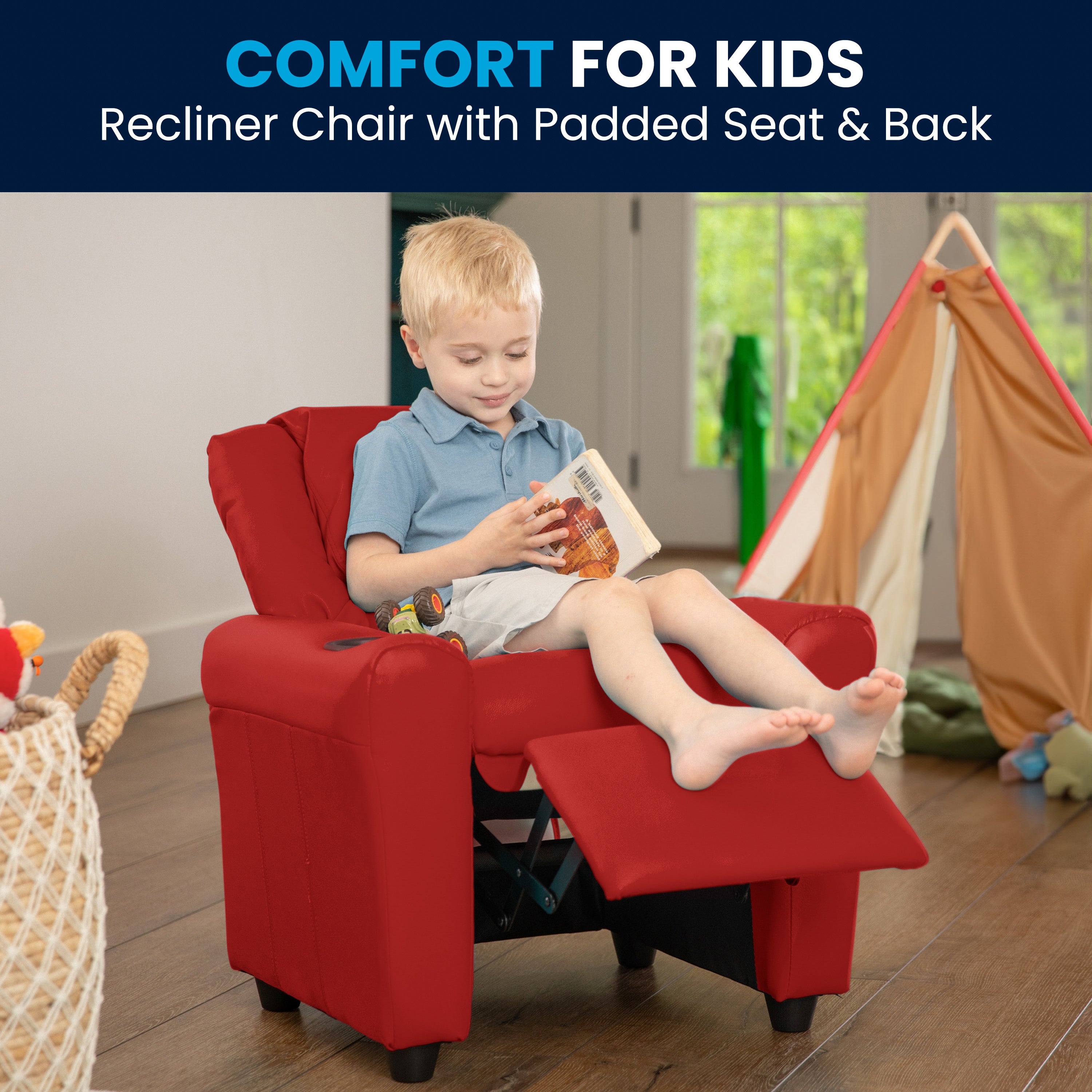 Contemporary Kids Recliner with Cup Holder and Headrest