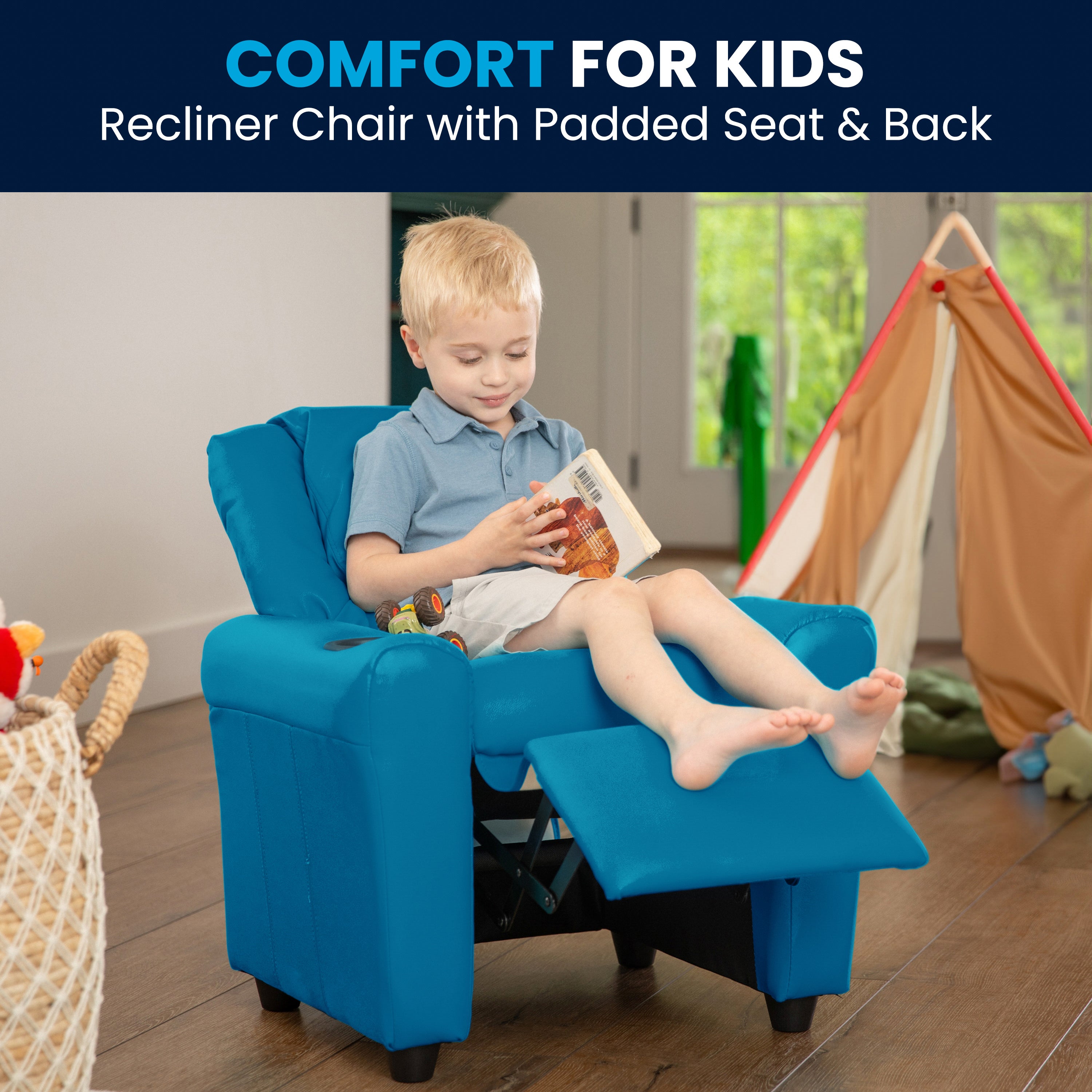 Contemporary Kids Recliner with Cup Holder and Headrest