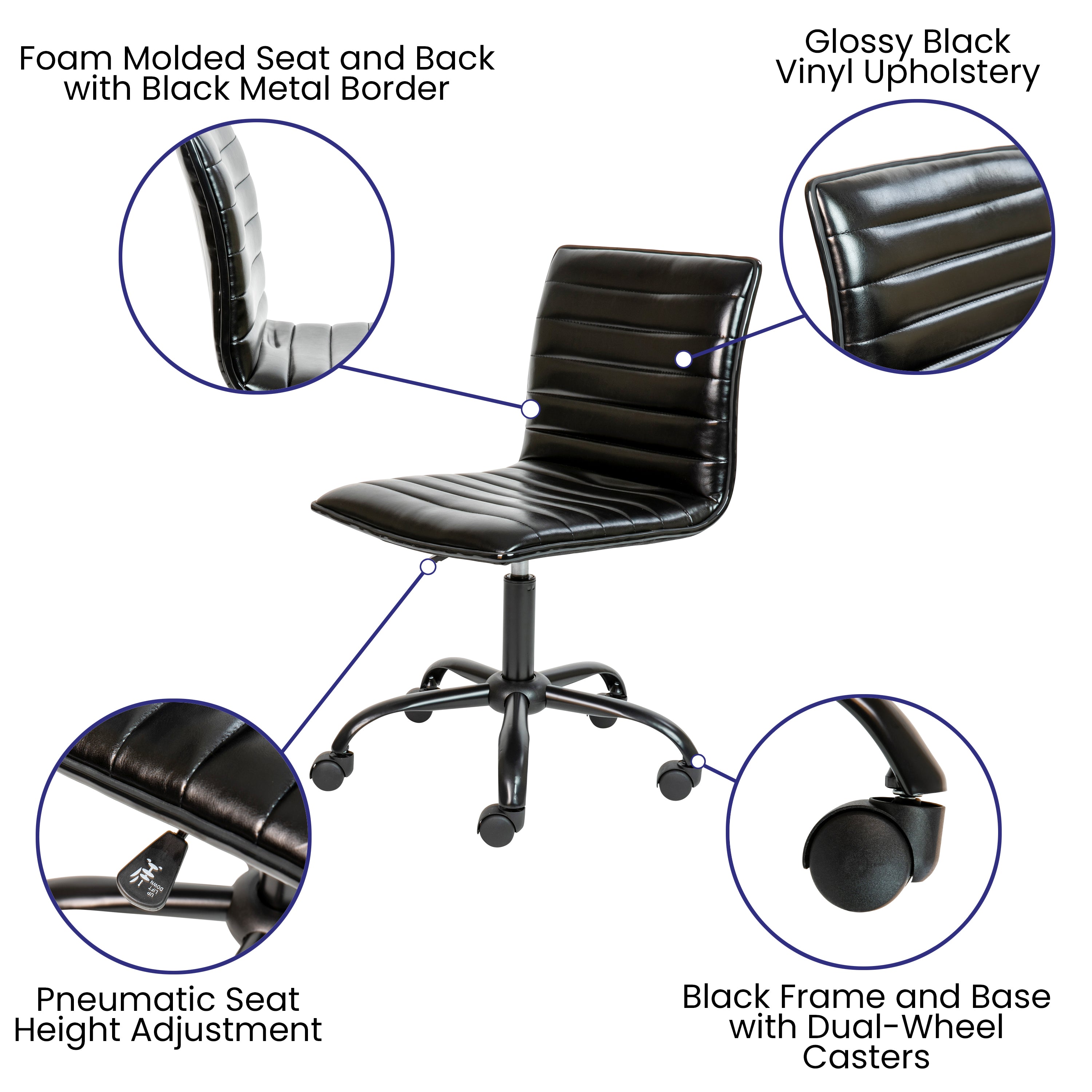 Low Back Designer Armless Ribbed Swivel Task Office Chair