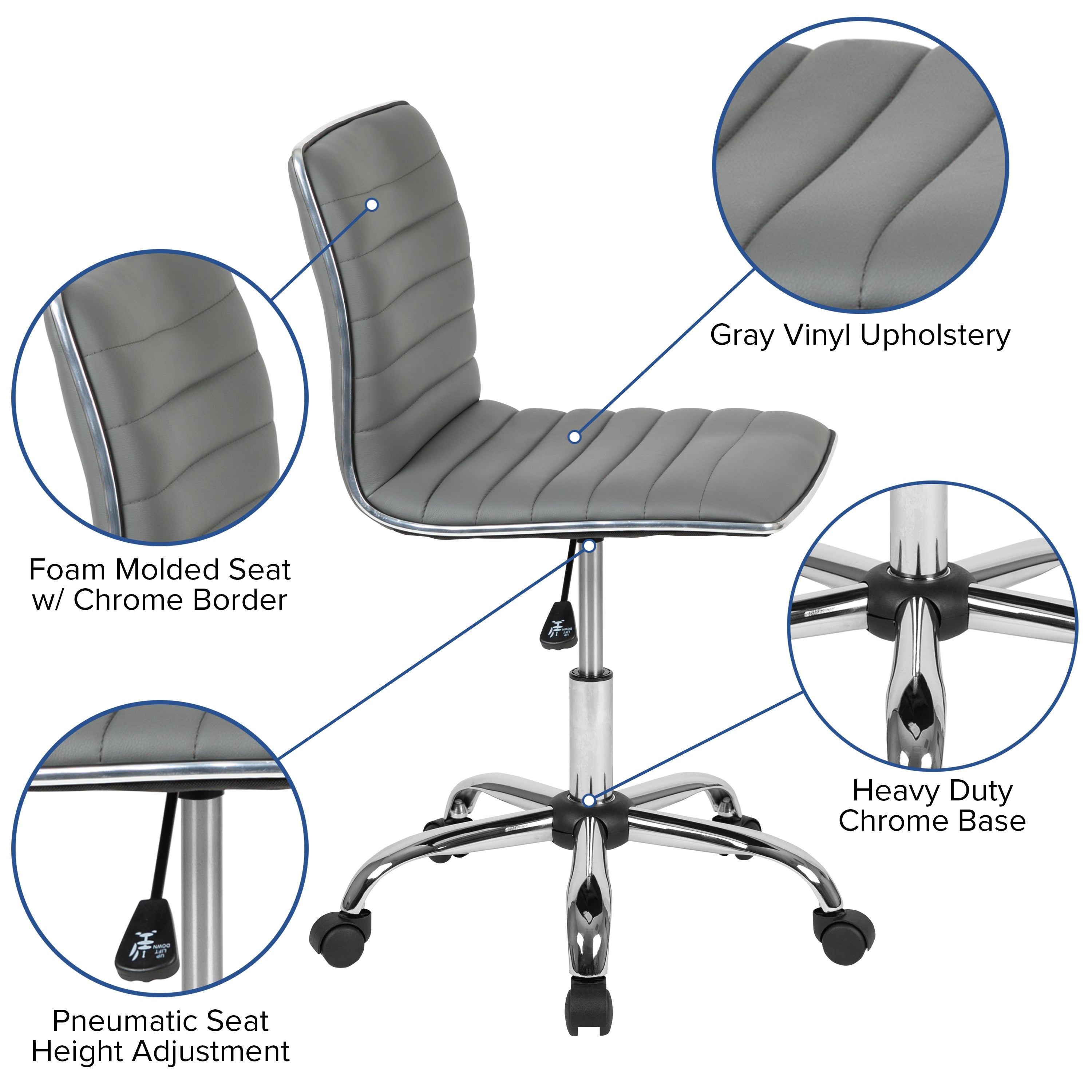 Low Back Designer Armless Ribbed Swivel Task Office Chair