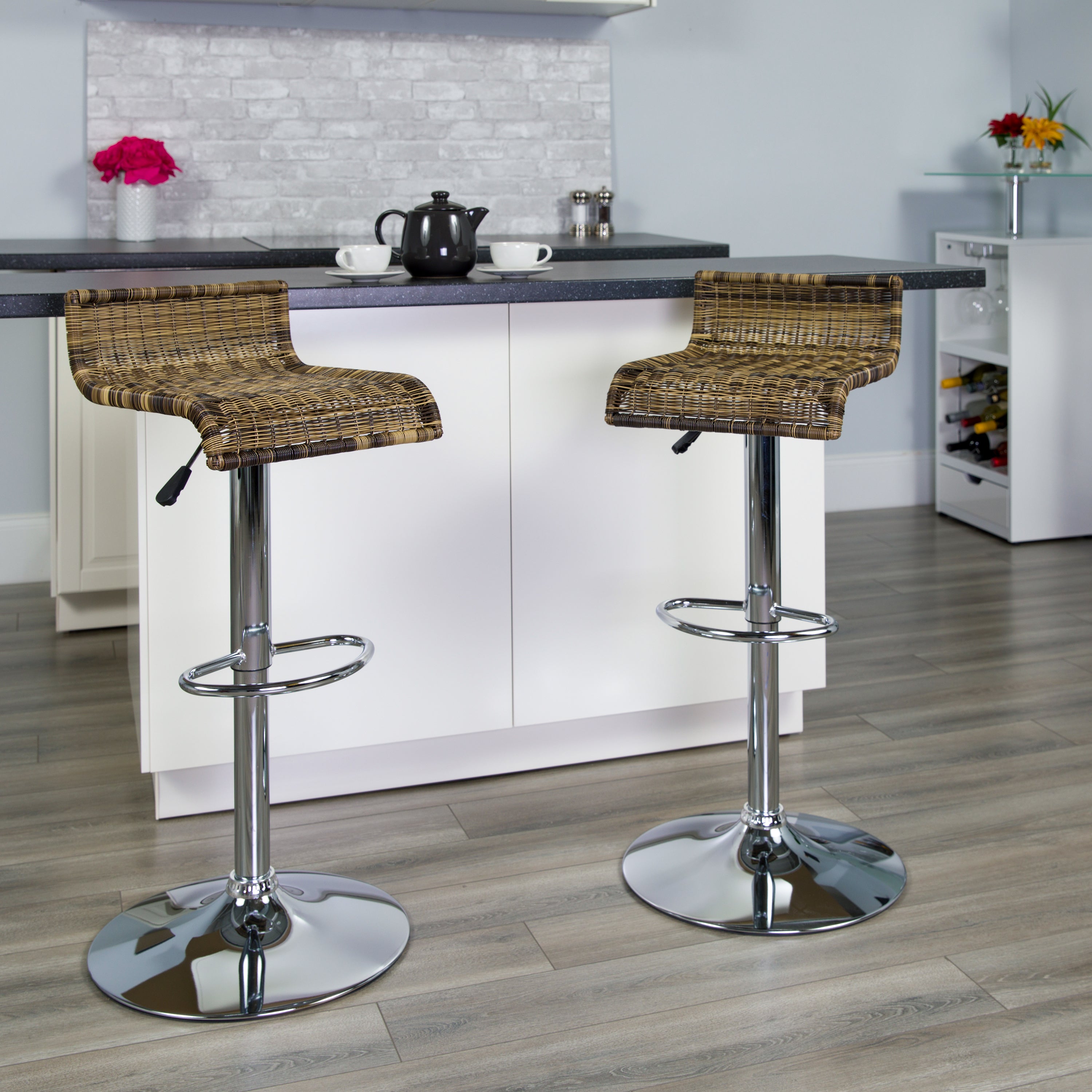 Contemporary Wicker Adjustable Height Barstool with Waterfall Seat and Chrome Base-Bar Stool-Flash Furniture-Wall2Wall Furnishings