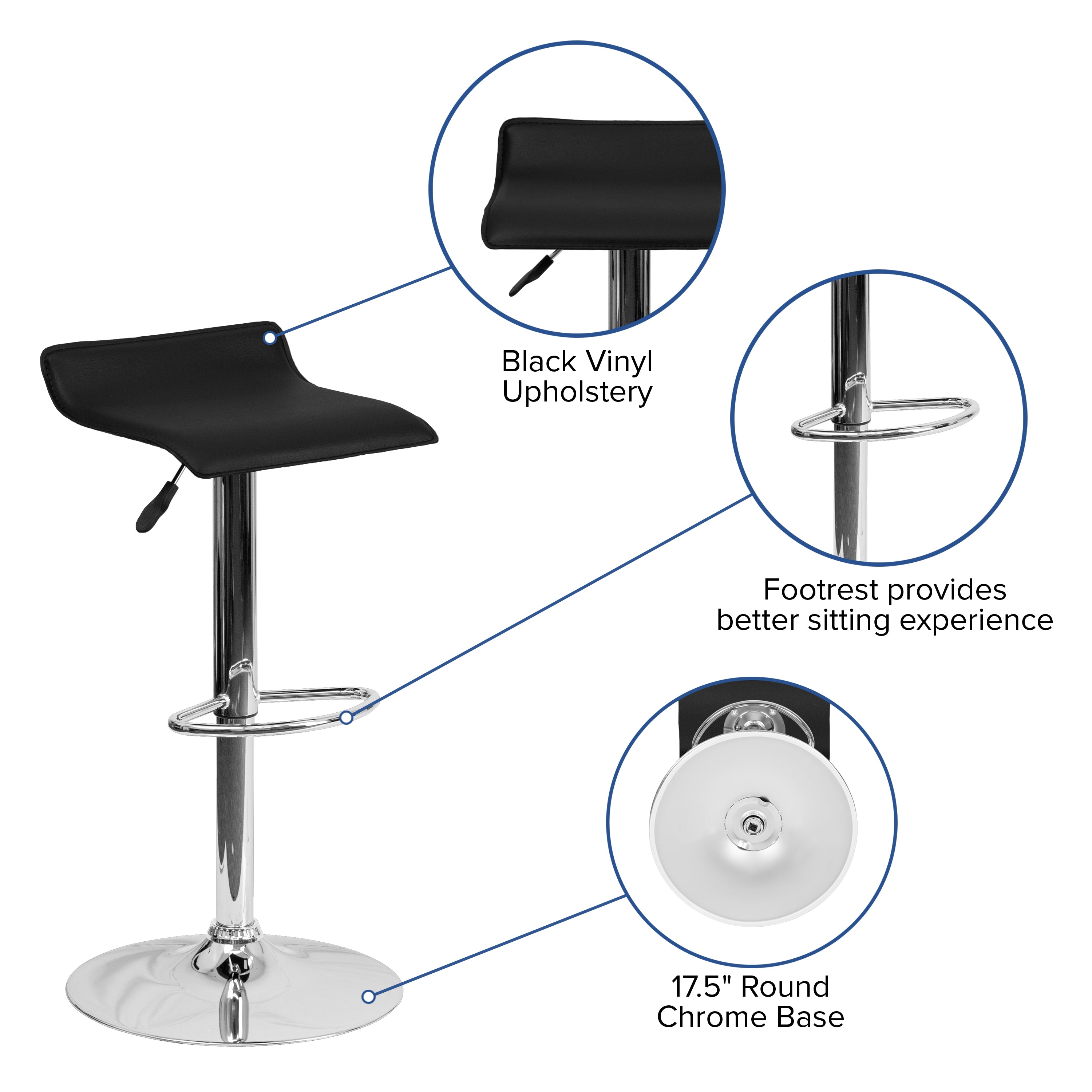 Contemporary Vinyl Adjustable Height Barstool with Solid Wave Seat and Chrome Base