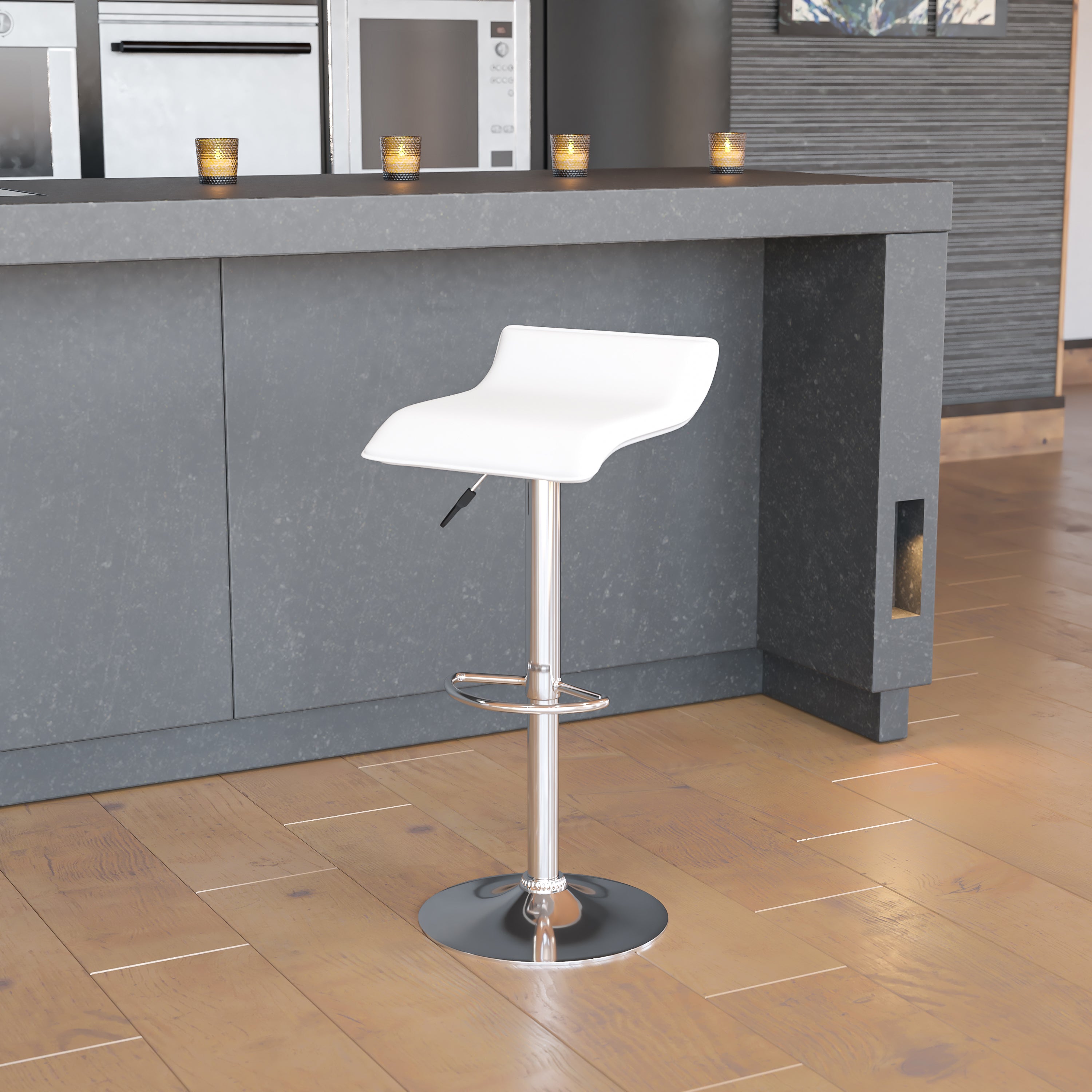 Contemporary Vinyl Adjustable Height Barstool with Solid Wave Seat and Chrome Base