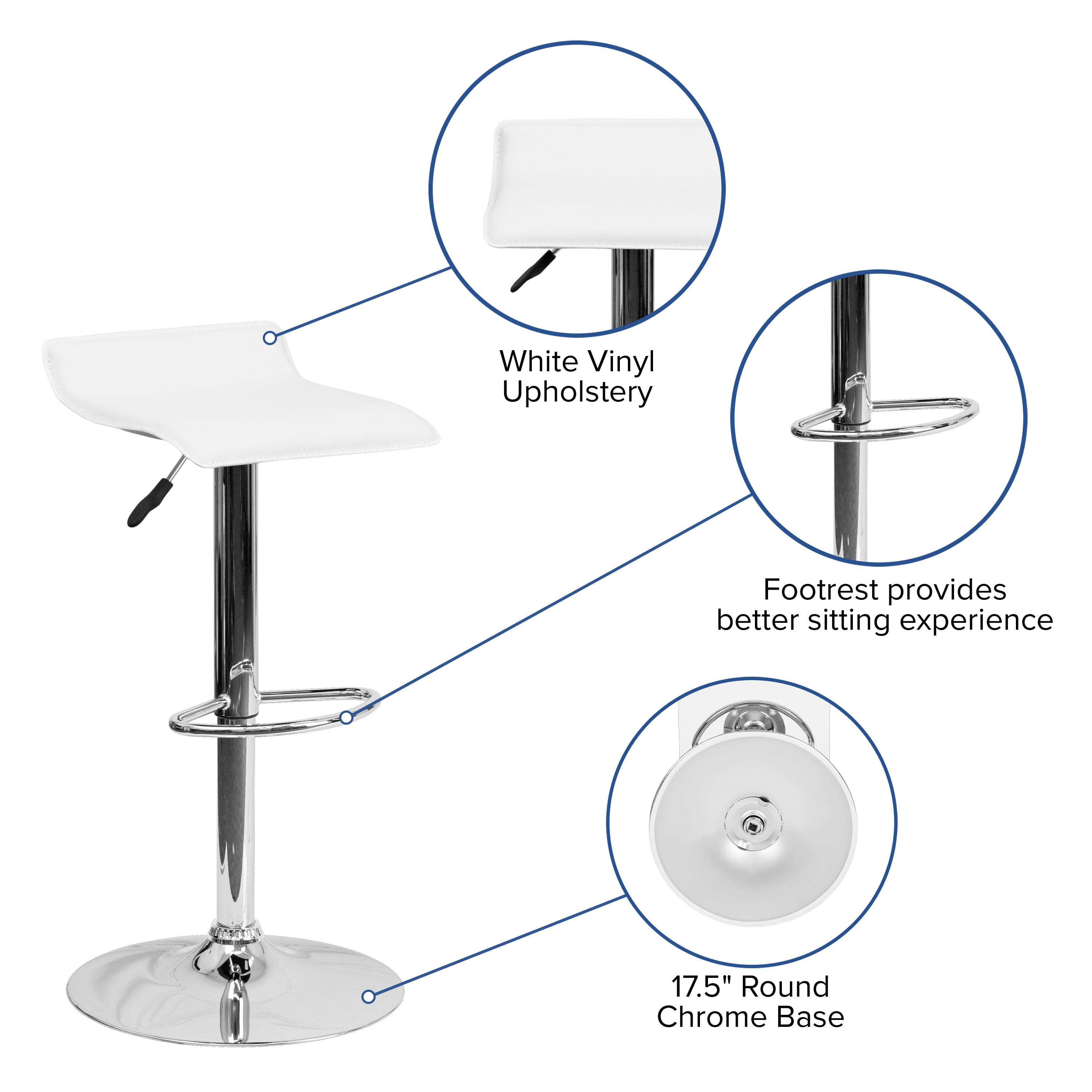 Contemporary Vinyl Adjustable Height Barstool with Solid Wave Seat and Chrome Base