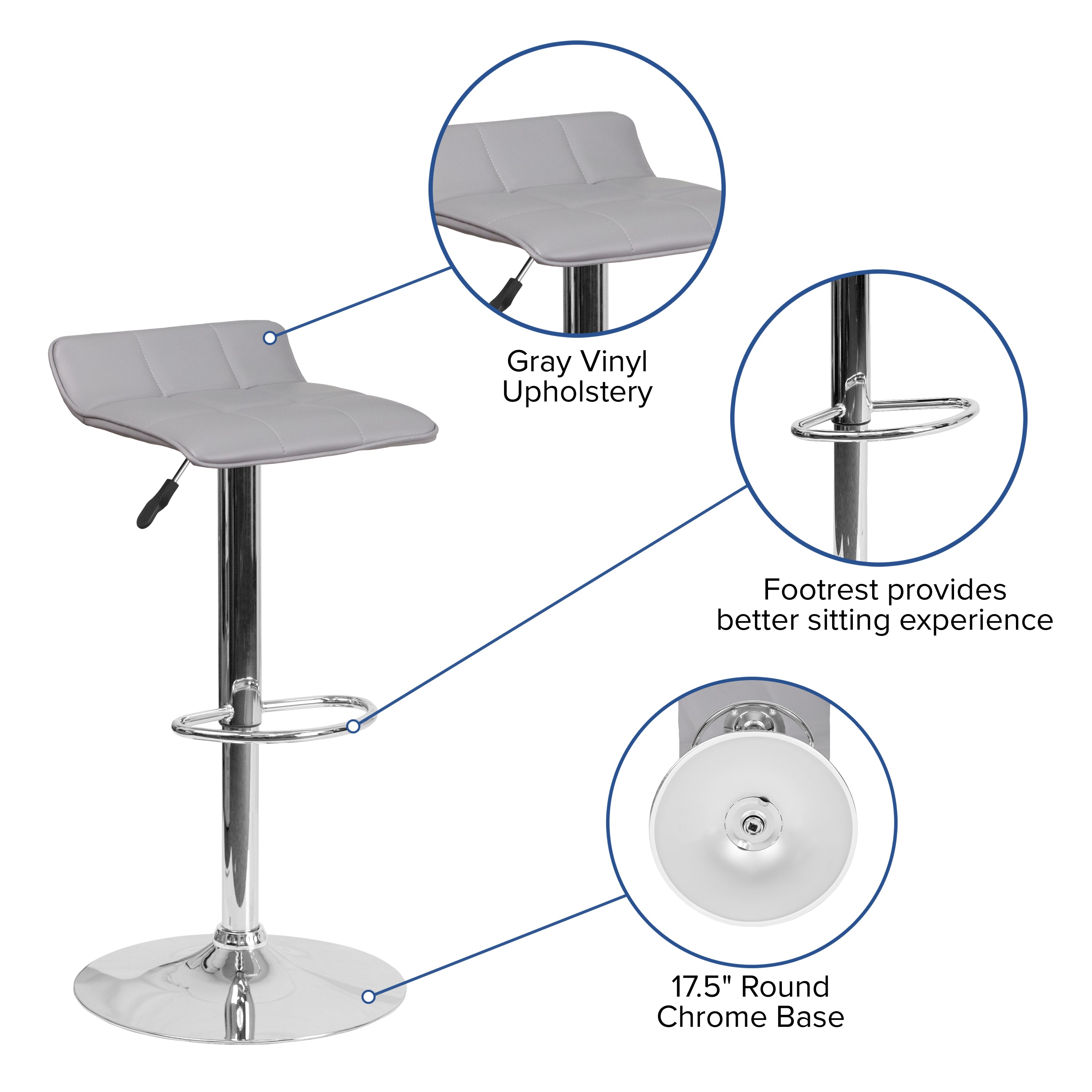 Contemporary Vinyl Adjustable Height Barstool with Quilted Wave Seat and Chrome Base