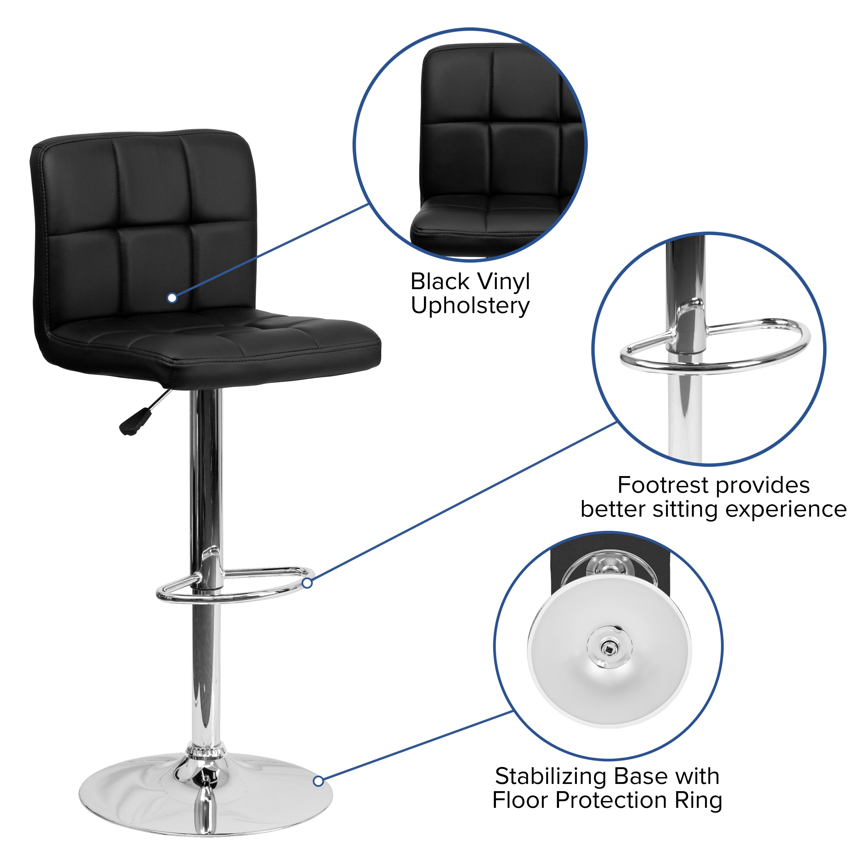 Contemporary Quilted Vinyl Adjustable Height Barstool with Chrome Base