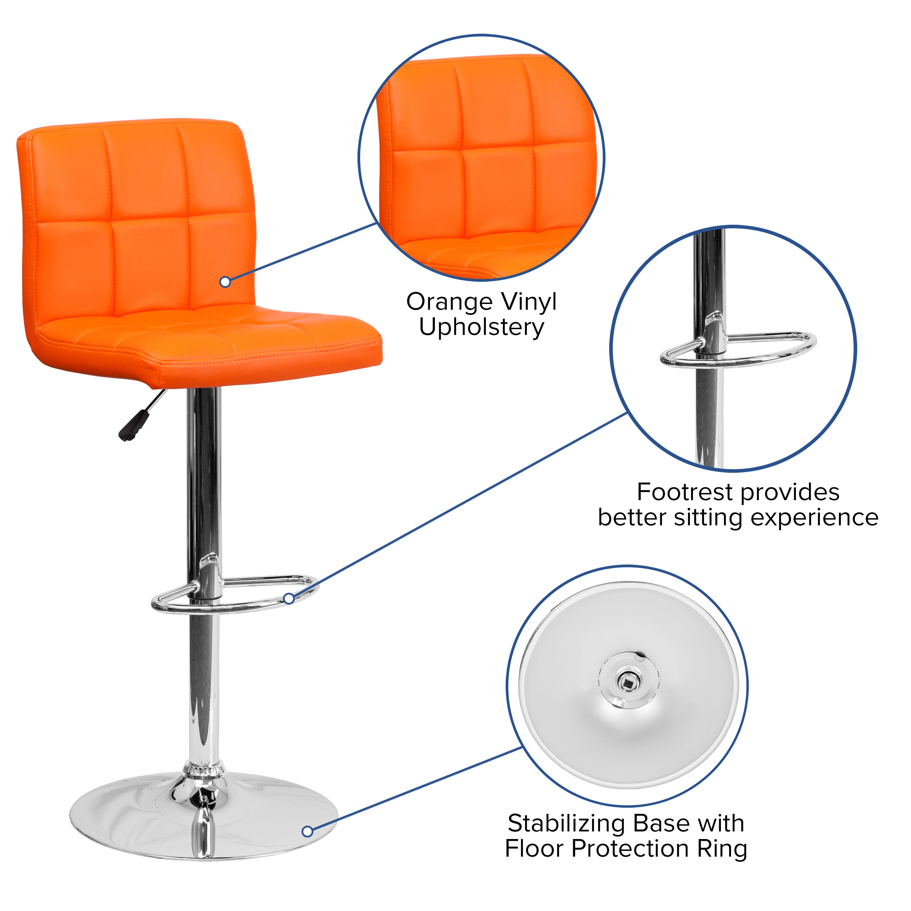 Contemporary Quilted Vinyl Adjustable Height Barstool with Chrome Base