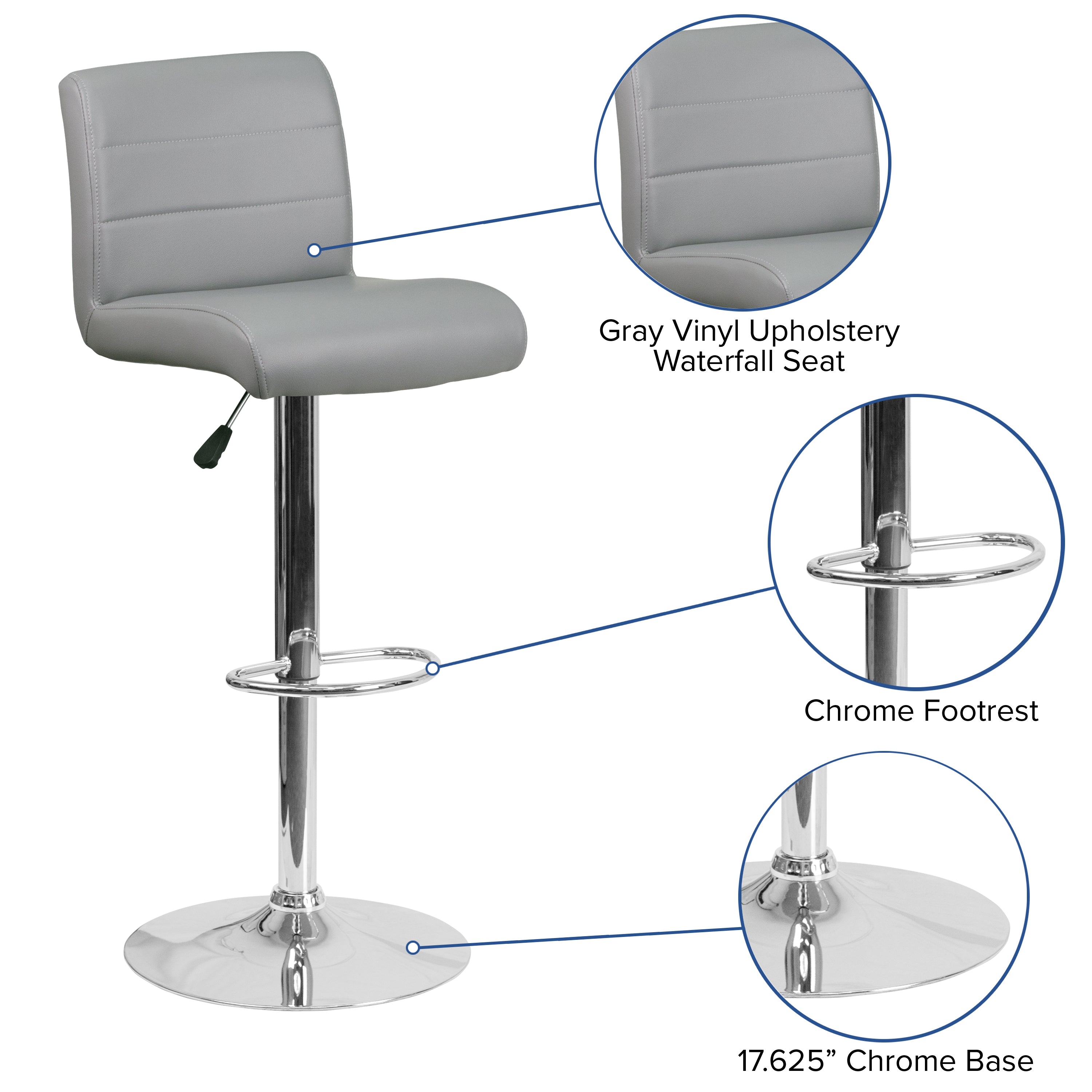 Contemporary Vinyl Adjustable Height Barstool with Rolled Seat and Chrome Base
