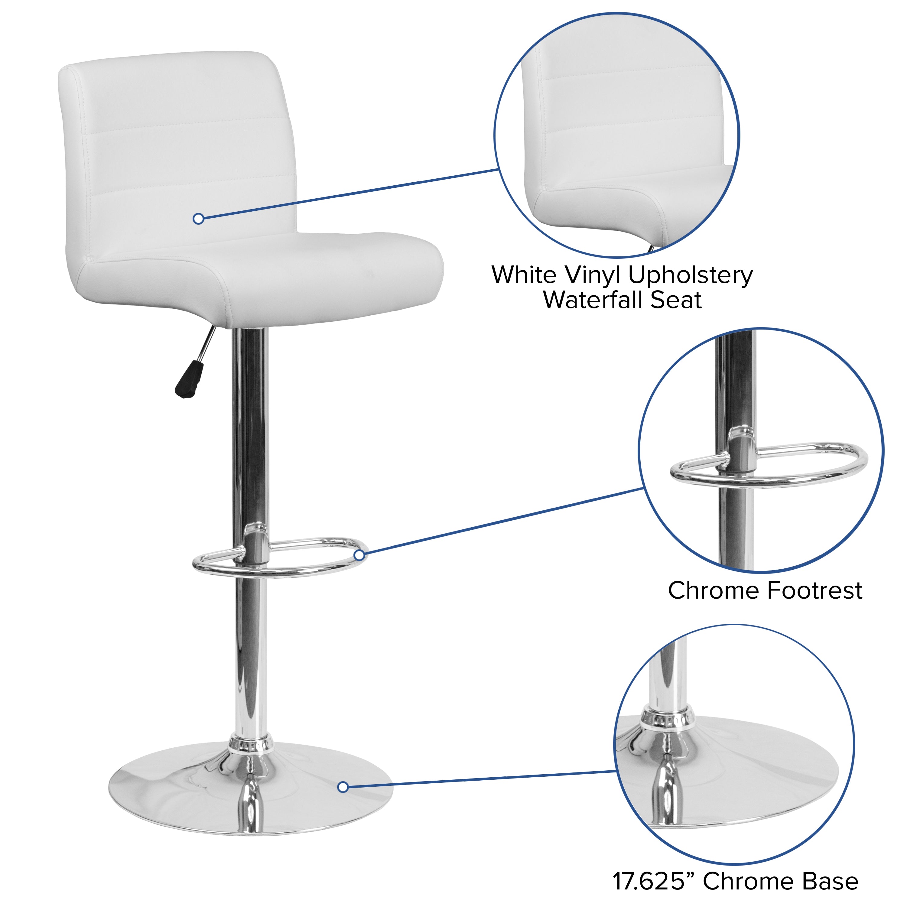 Contemporary Vinyl Adjustable Height Barstool with Rolled Seat and Chrome Base