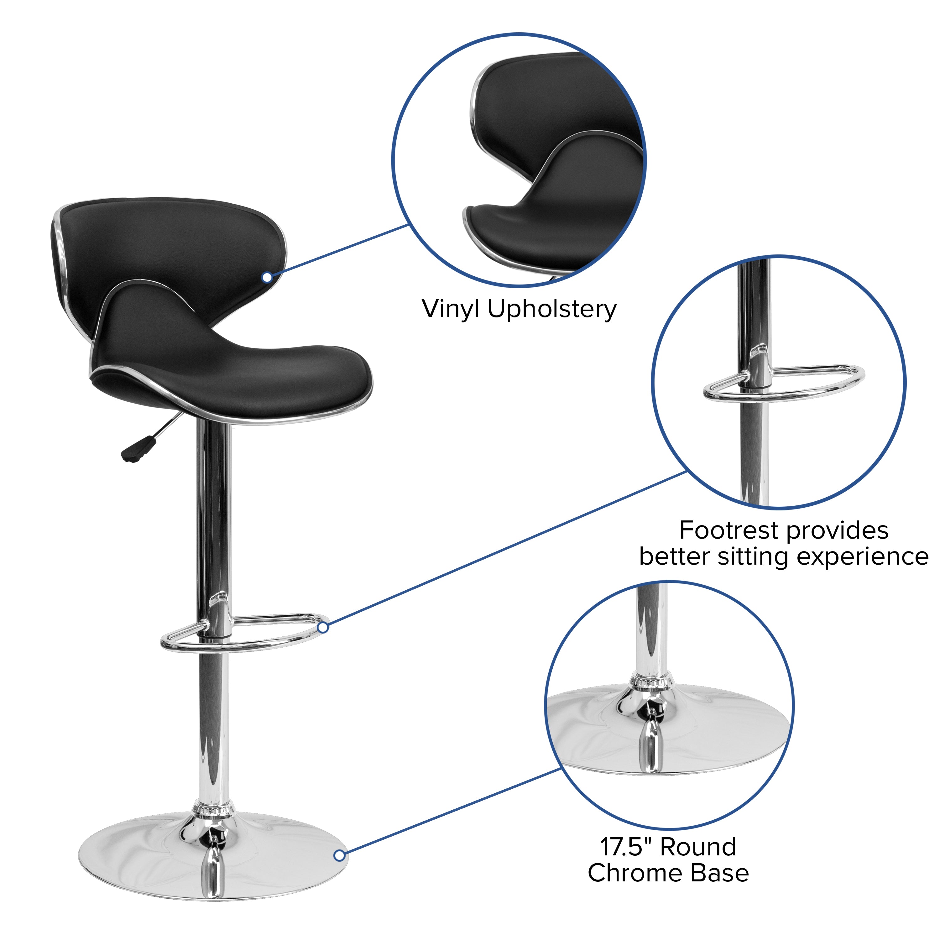 Contemporary Cozy Mid-Back Vinyl Adjustable Height Barstool with Chrome Base