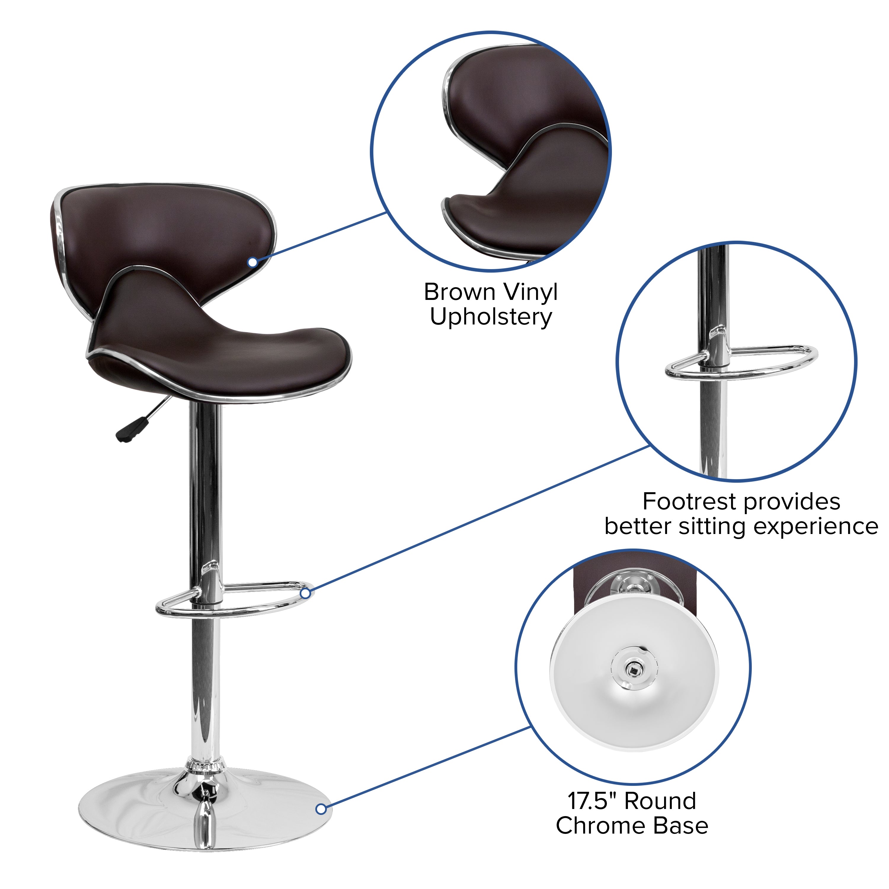 Contemporary Cozy Mid-Back Vinyl Adjustable Height Barstool with Chrome Base