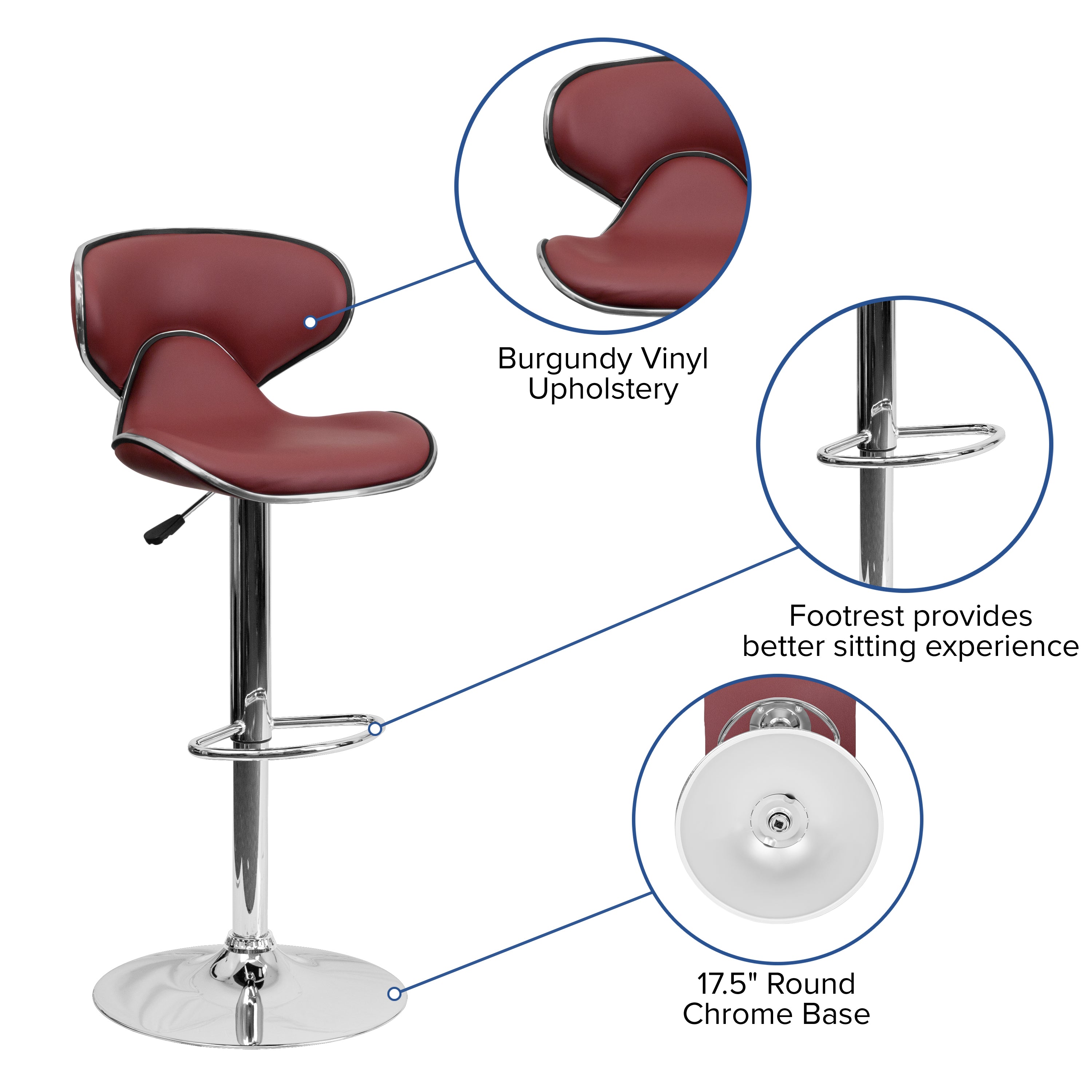 Contemporary Cozy Mid-Back Vinyl Adjustable Height Barstool with Chrome Base