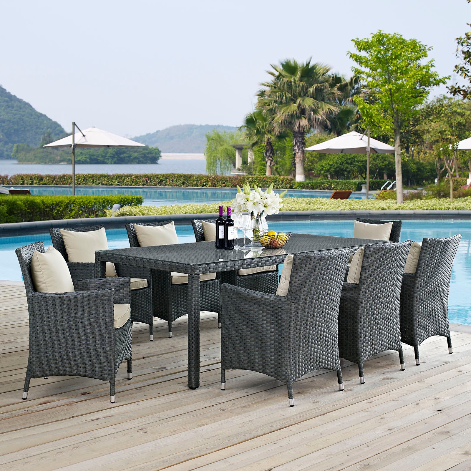 Sojourn 9 Piece Outdoor Patio Sunbrella® Dining Set-Outdoor Dining Set-Modway-Wall2Wall Furnishings