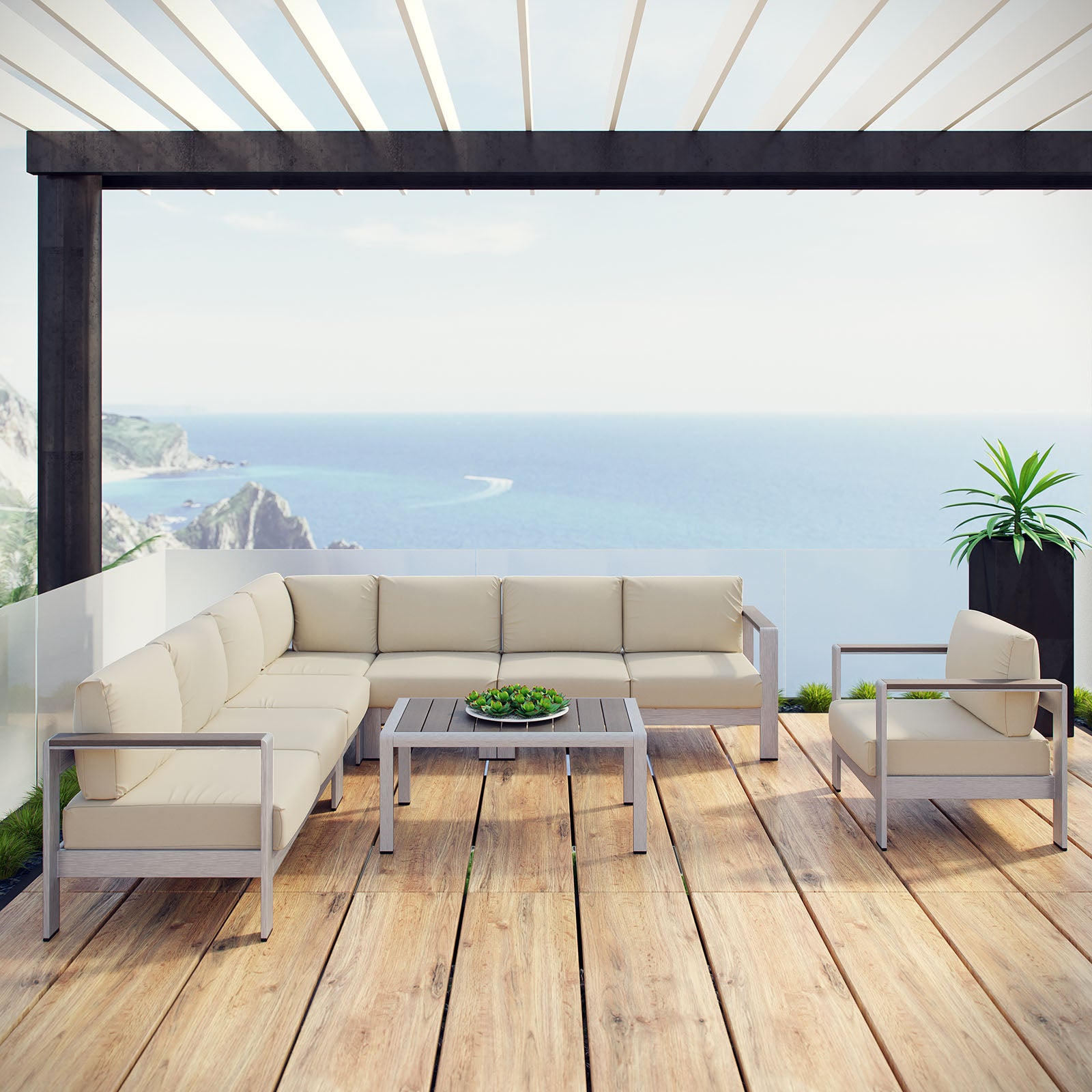 Shore 7 Piece Outdoor Patio Aluminum Sectional Sofa Set-Outdoor Set-Modway-Wall2Wall Furnishings