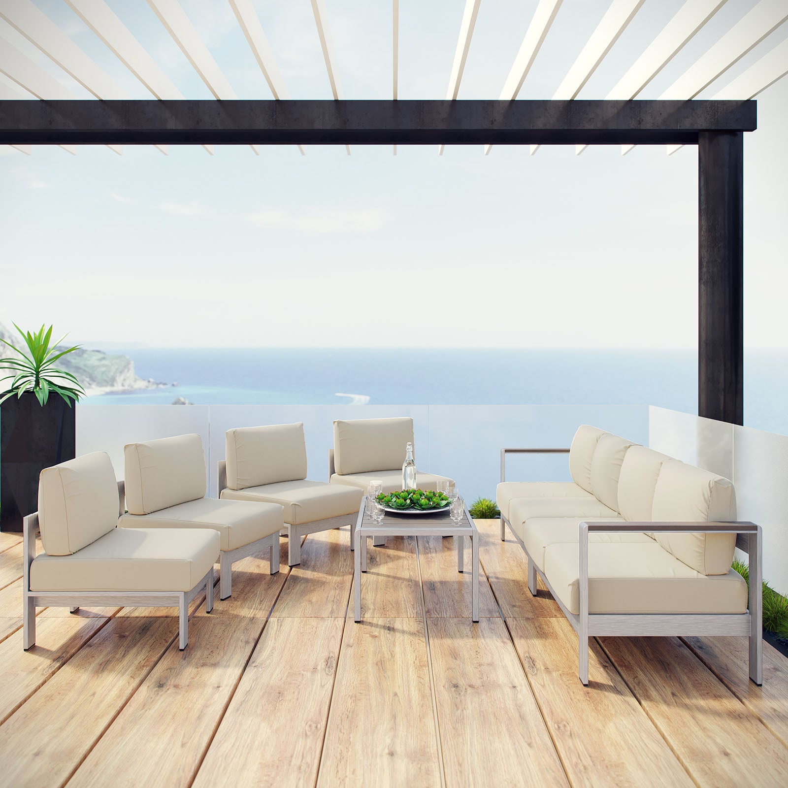 Shore 7 Piece Outdoor Patio Sectional Sofa Set-Outdoor Set-Modway-Wall2Wall Furnishings