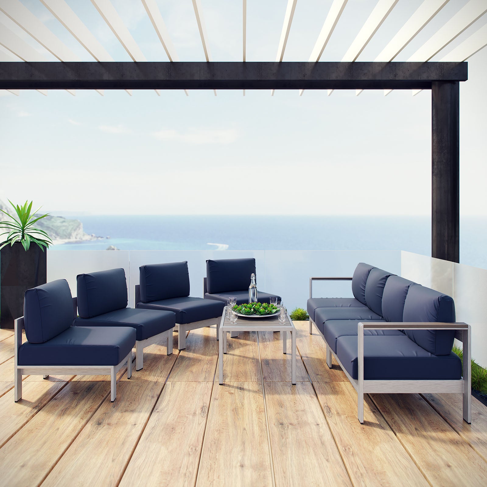 Shore 7 Piece Outdoor Patio Sectional Sofa Set-Outdoor Set-Modway-Wall2Wall Furnishings