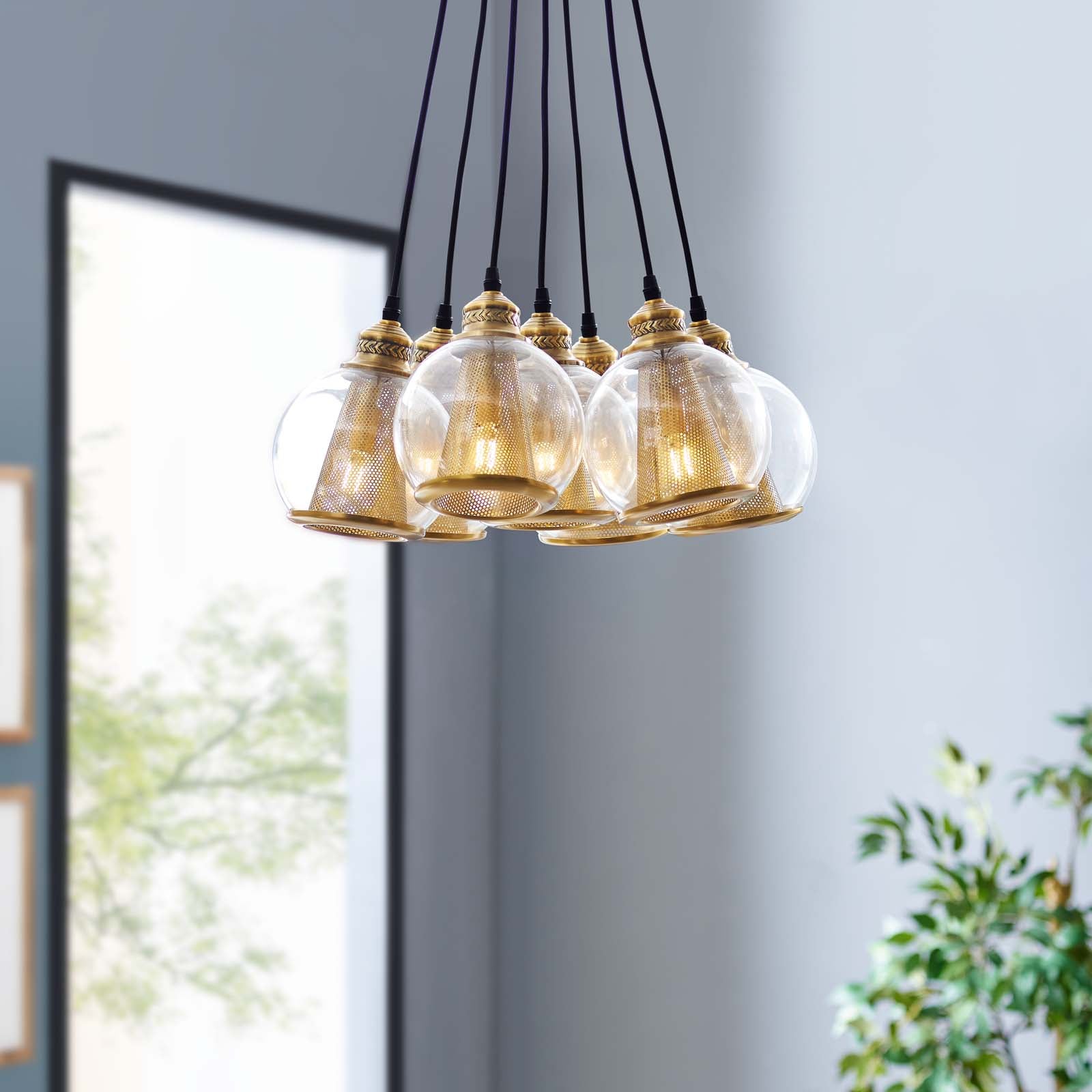 Peak Brass Cone and Glass Globe Cluster Pendant Chandelier-Ceiling Lamp-Modway-Wall2Wall Furnishings