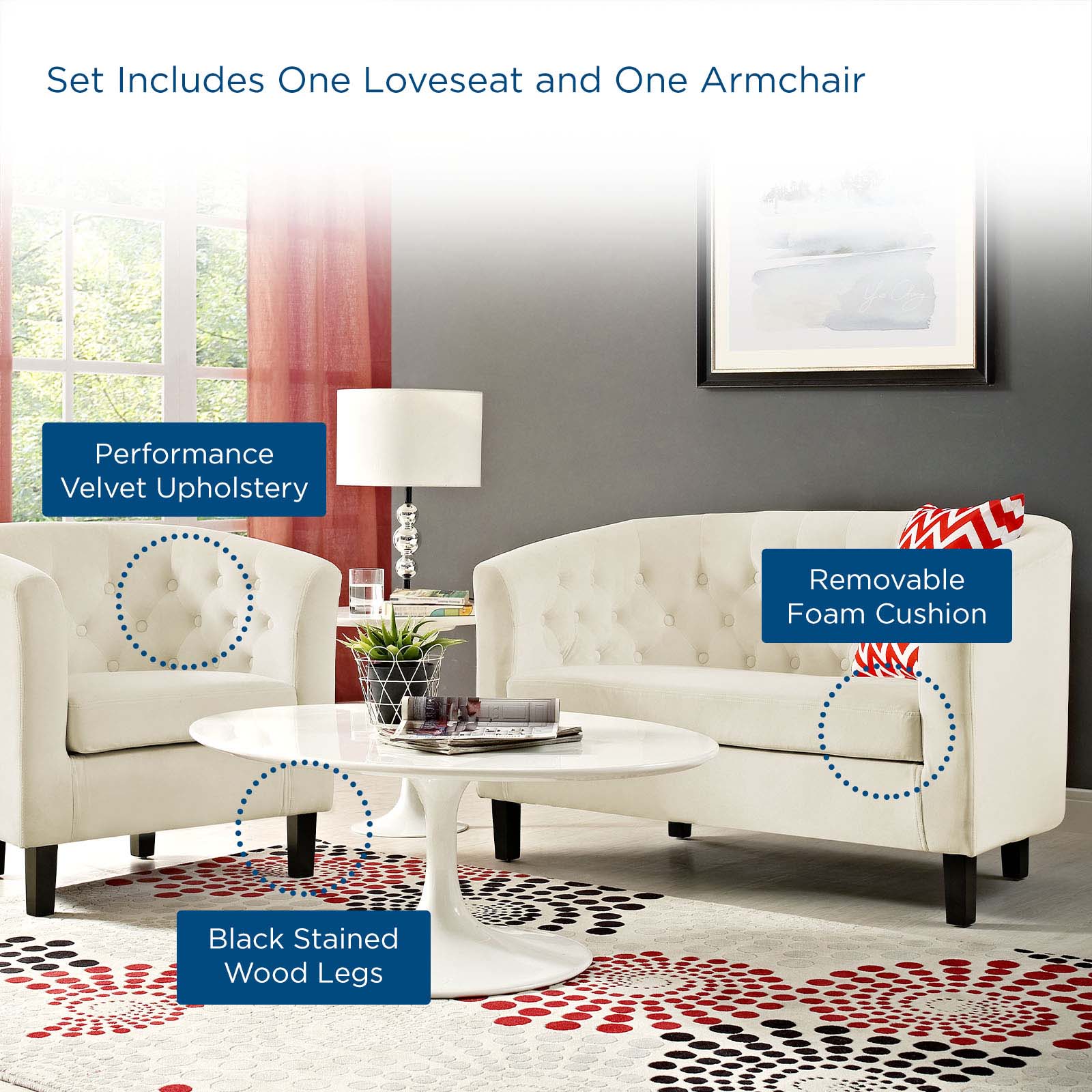 Prospect 2 Piece Velvet Loveseat and Armchair Set-Sofa Set-Modway-Wall2Wall Furnishings