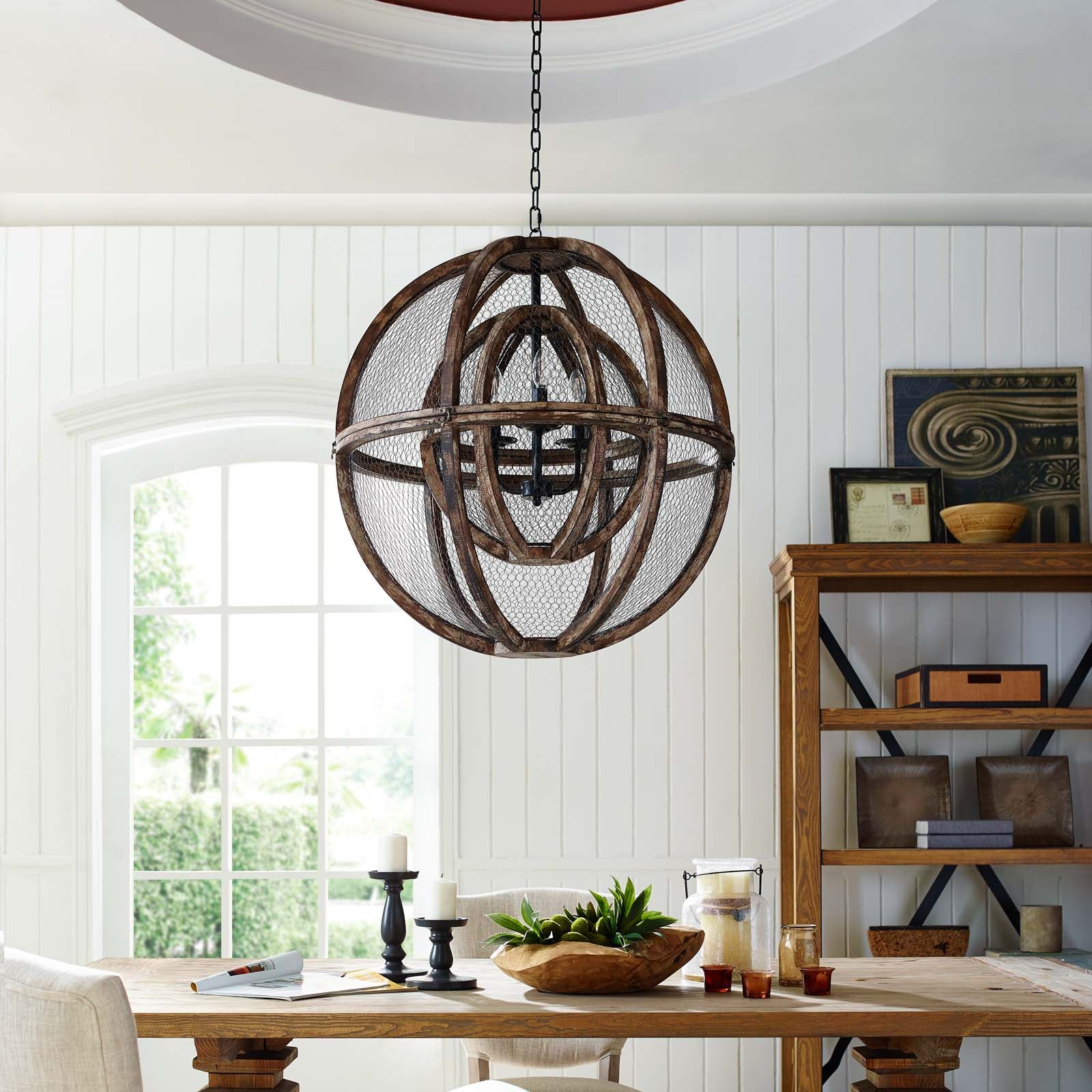 Gravitate Globe Rustic Oak Wood Pendant Light Chandelier-Ceiling Lamp-Modway-Wall2Wall Furnishings