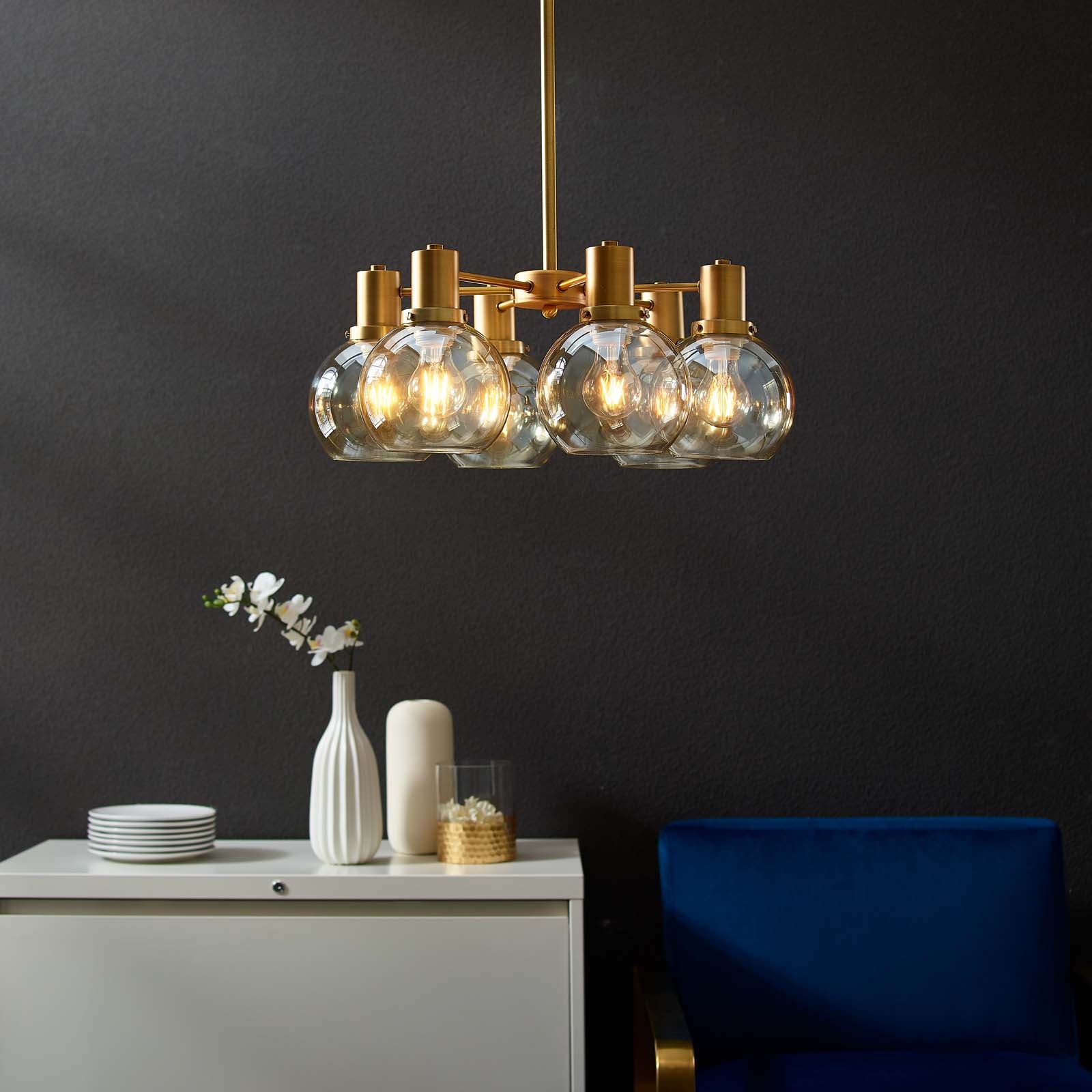 Resound Amber Glass And Brass Pendant Chandelier-Ceiling Lamp-Modway-Wall2Wall Furnishings