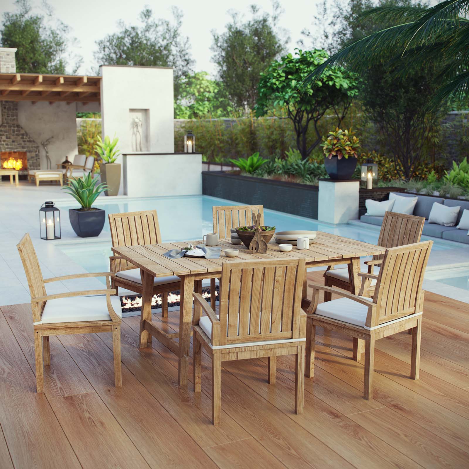 Marina 7 Piece Outdoor Patio Teak Outdoor Dining Set-Outdoor Dining Set-Modway-Wall2Wall Furnishings
