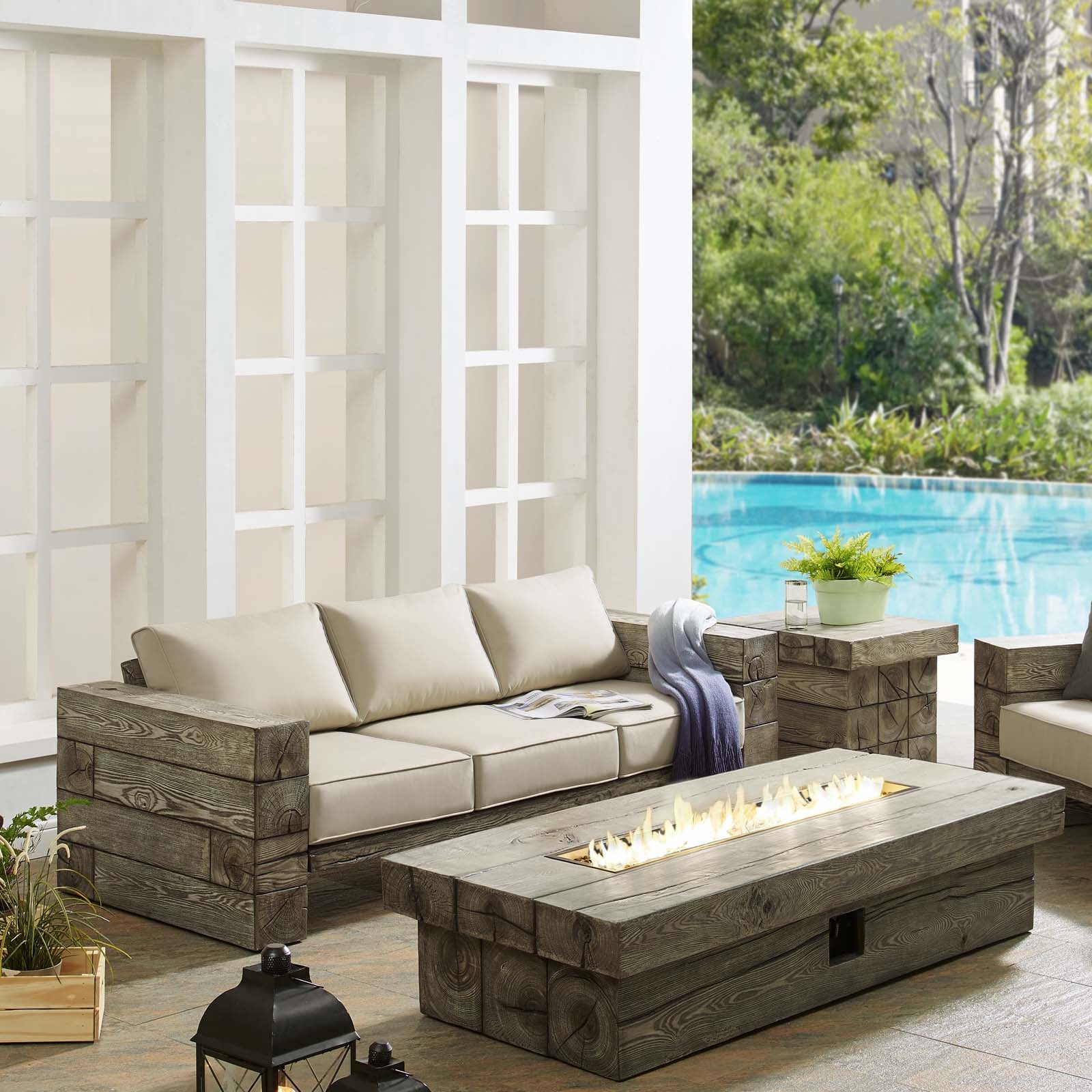Manteo Rustic Coastal Outdoor Patio Sunbrella® Sofa and Fire Pit Set-Outdoor Set-Modway-Wall2Wall Furnishings